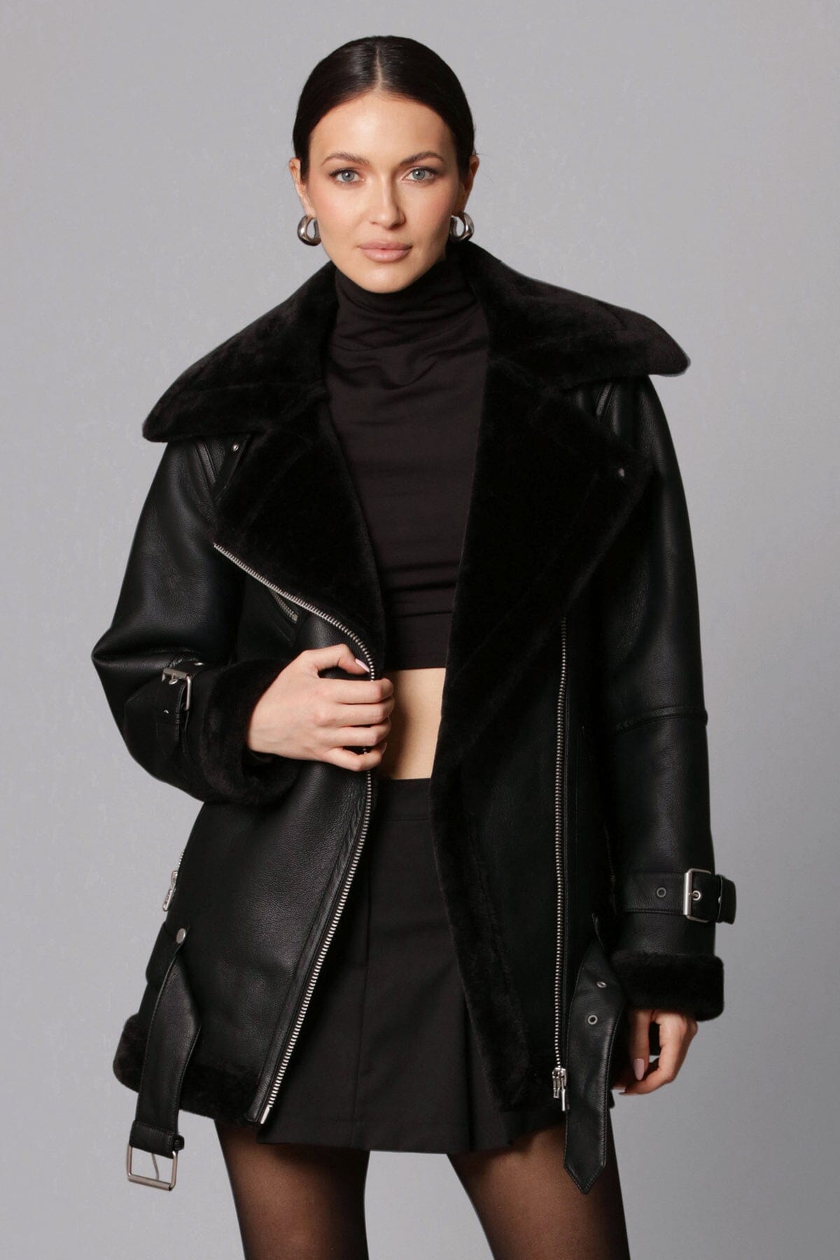 black faux shearling boyfriend biker jacket coat - figure flattering day to night coats jackets for ladies