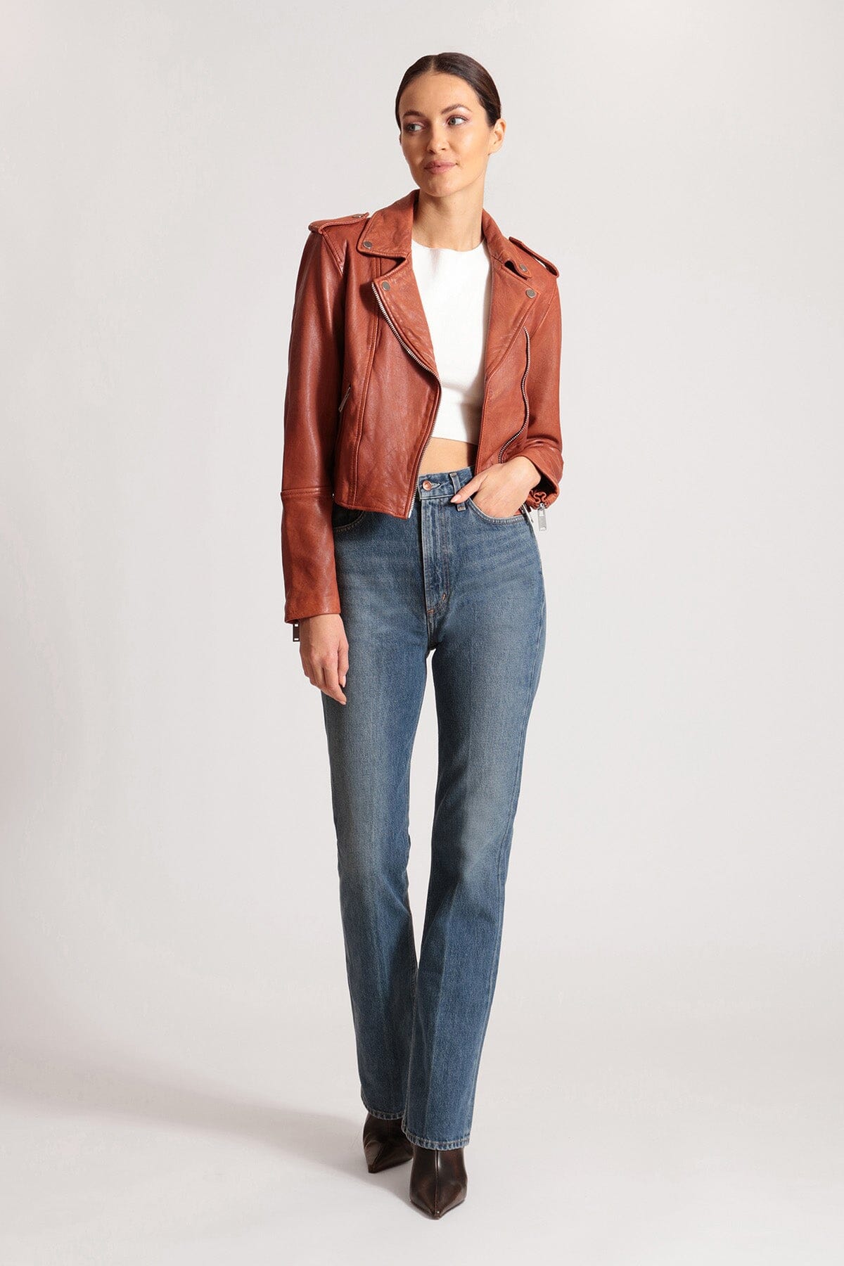 Red genuine leather cropped biker jacket coat women's figure flattering Fall jackets outerwear by Avec Les Filles