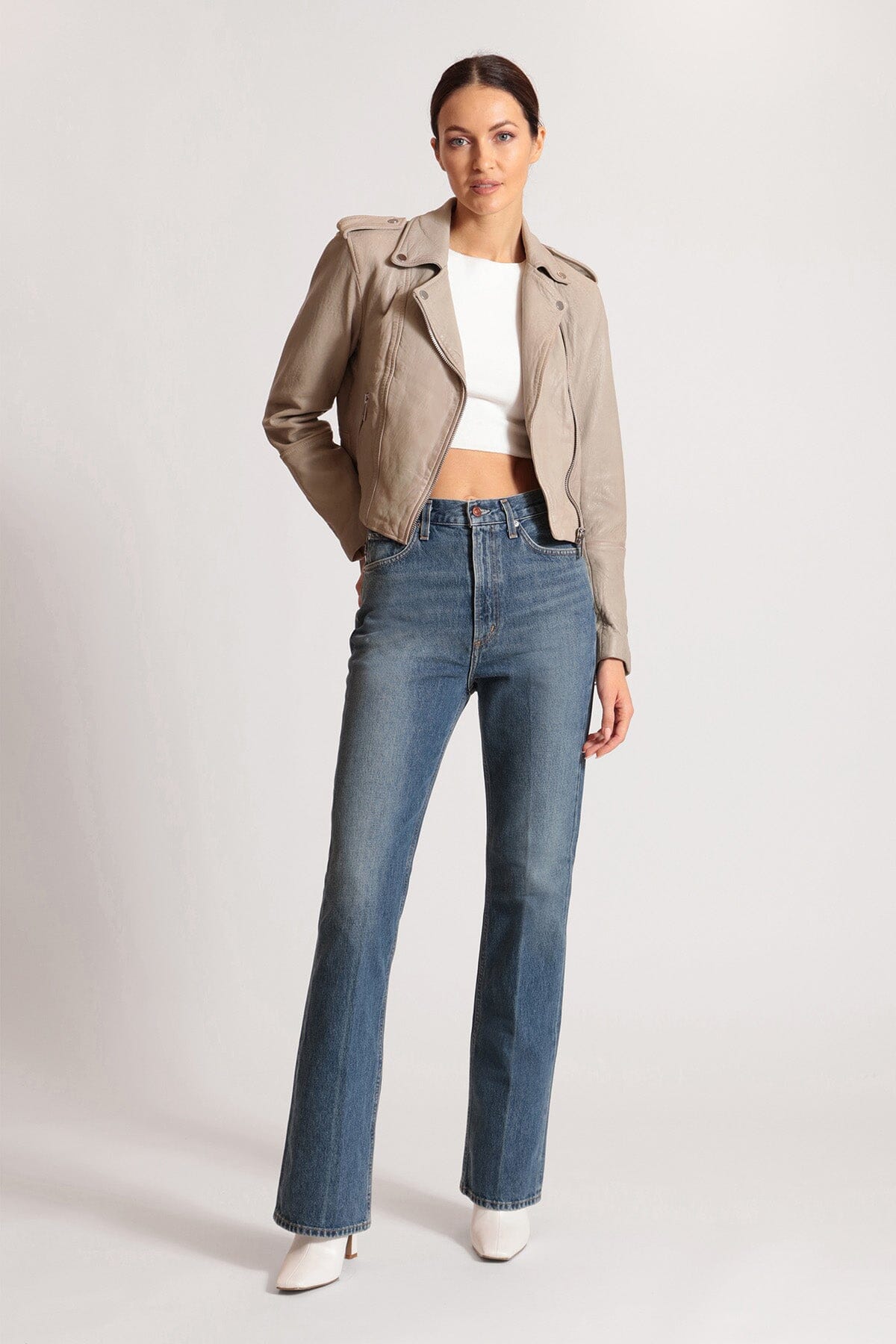 Pear grey genuine leather cropped biker jacket coat - figure flattering casual jacket coat for ladies by Avec Les Filles