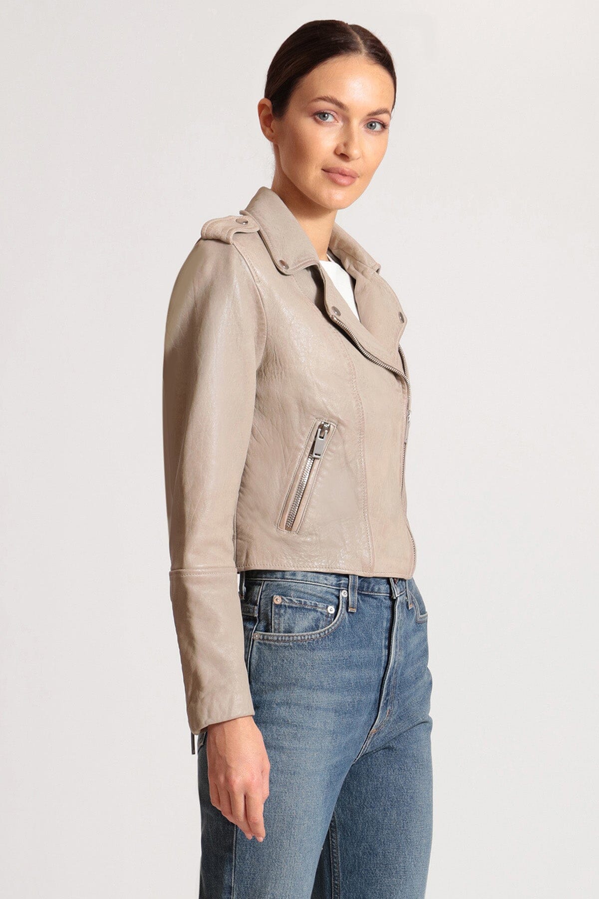 Pear grey genuine leather cropped biker jacket coat - women's figure flattering office to date night jackets outerwear for Fall fashion