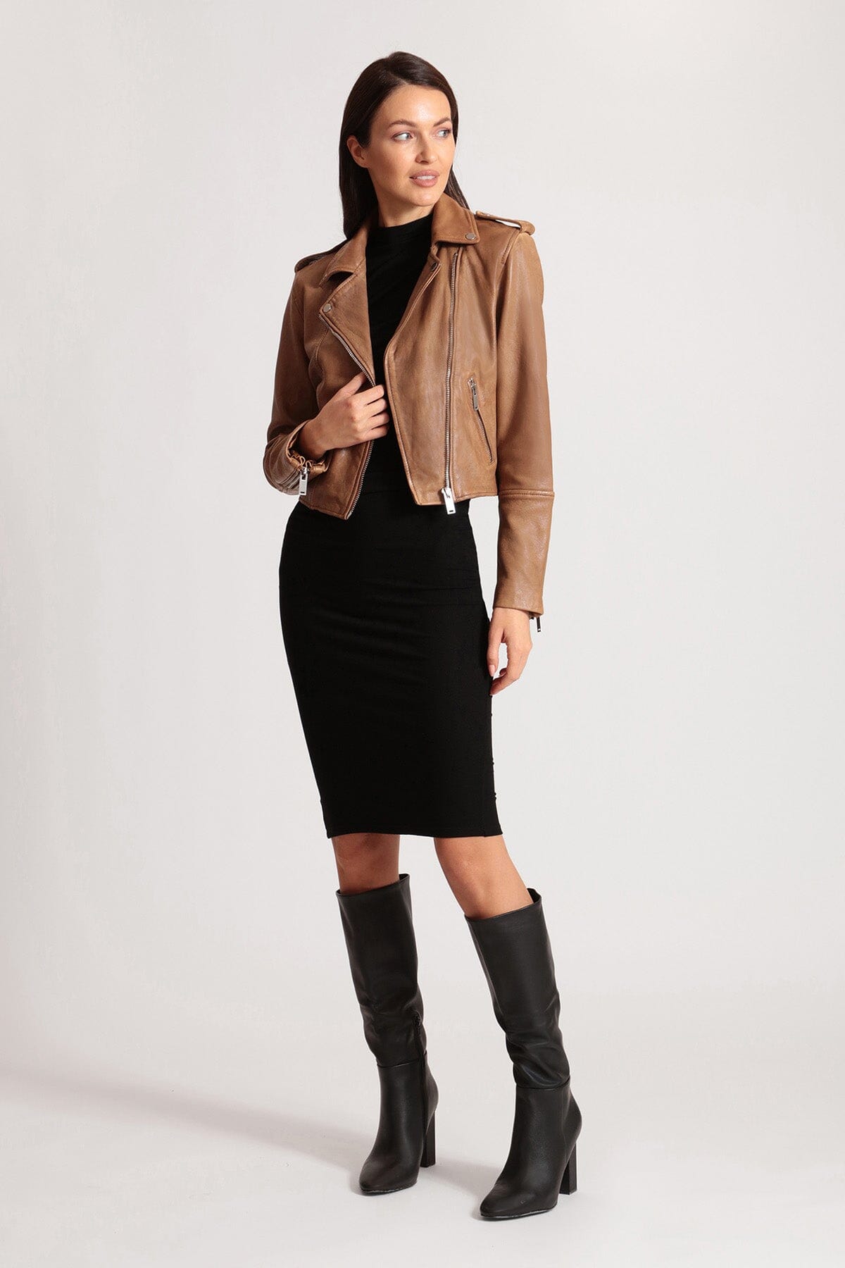 Brown genuine leather cropped biker jacket coat - women's figure flattering Fall jackets coats outerwear
