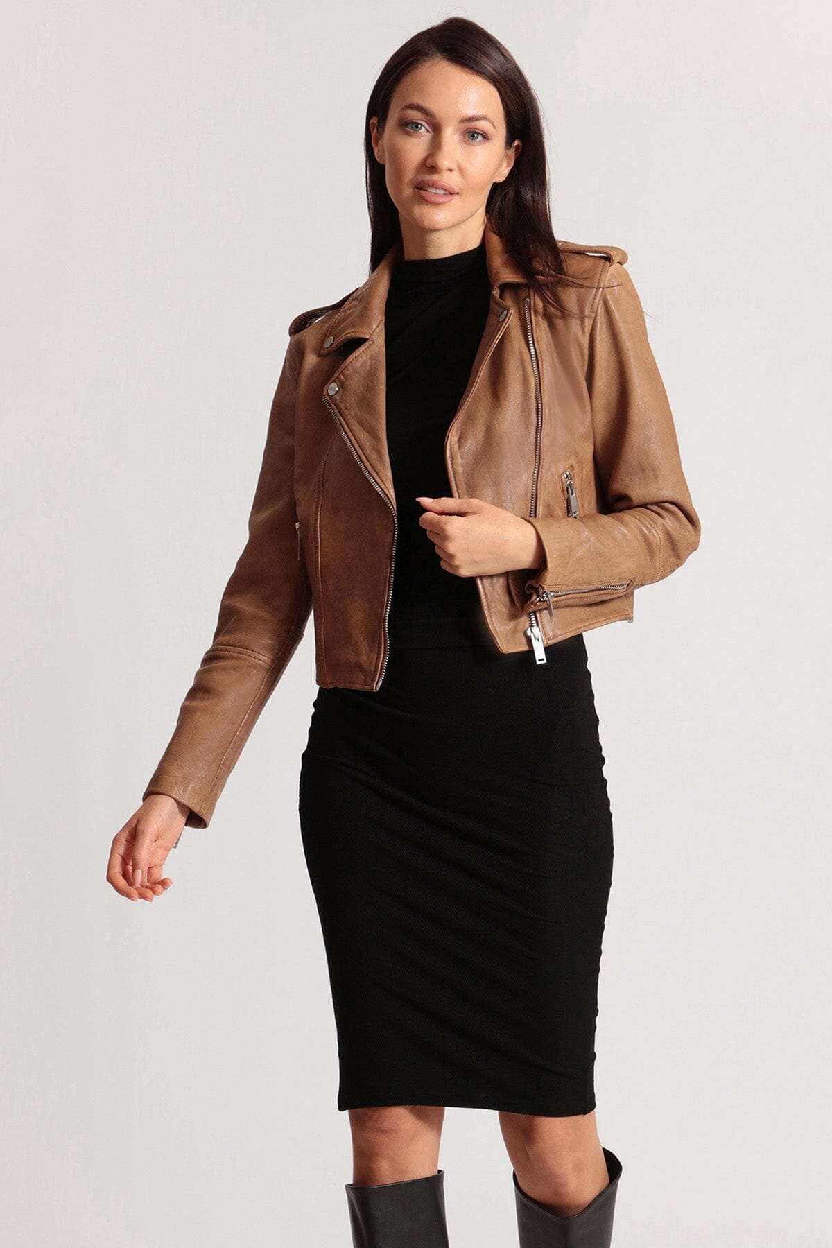Brown genuine leather cropped biker jacket coat - figure flattering Fall fashion jackets coats outerwear for ladies