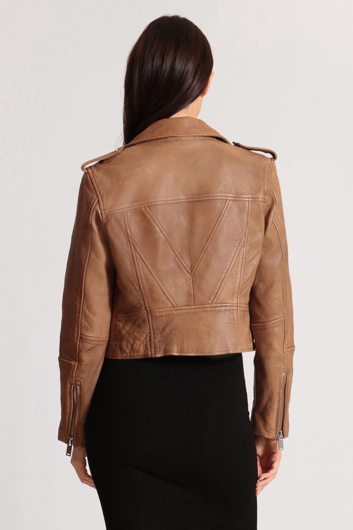 Brown genuine leather cropped biker jacket coat - women's figure flattering casual to dressy jackets outerwear for Fall fashion trends