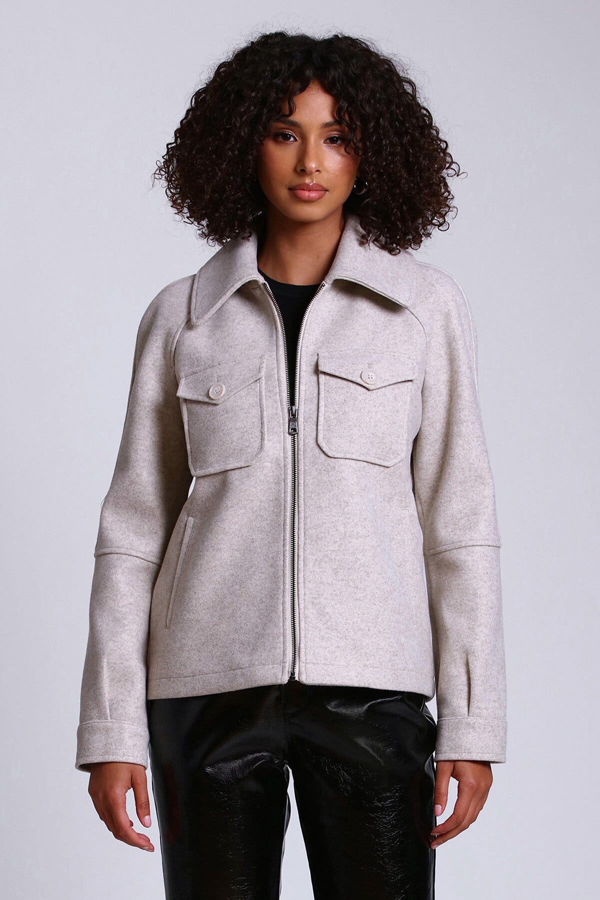 relaxed full zip front jacket shacket bone beige - women's figure flattering lightweight jackets shackets outerwear