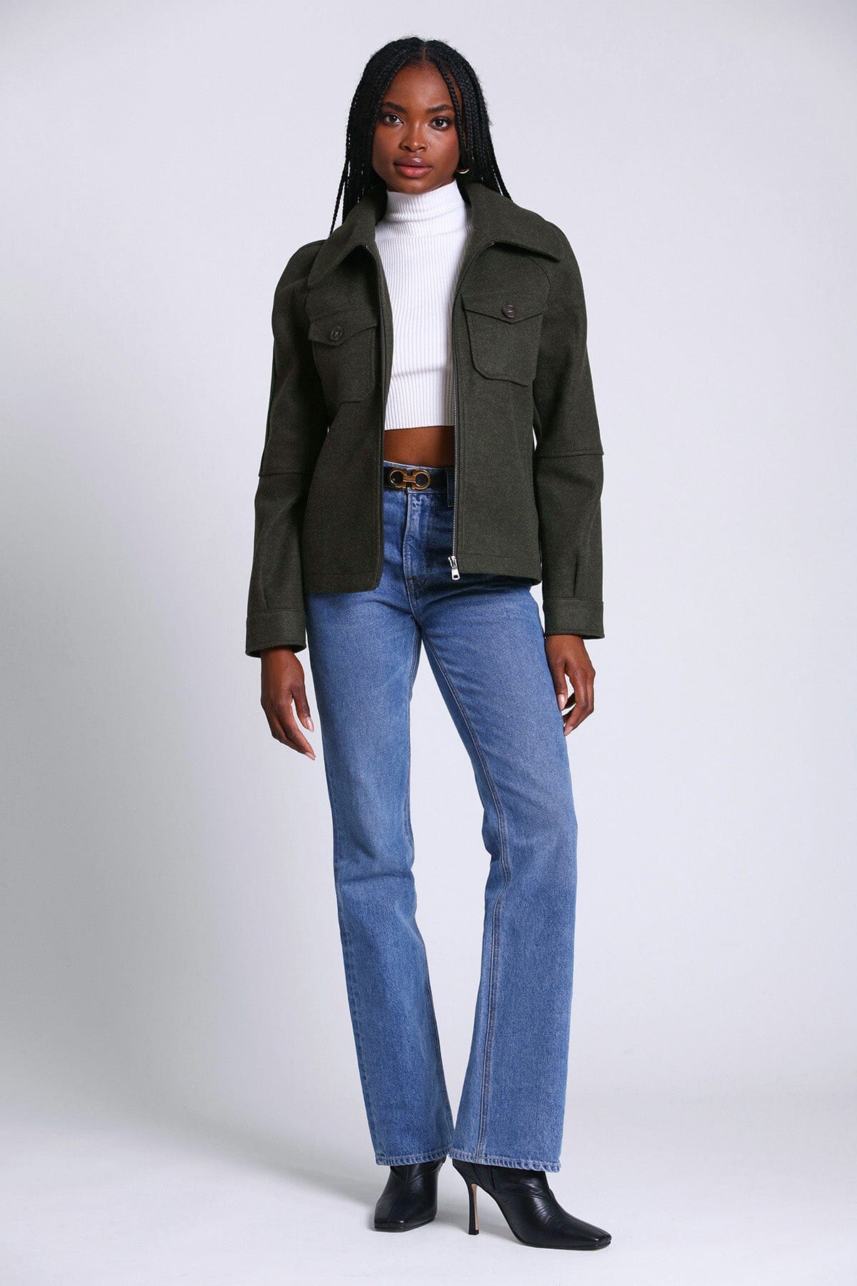relaxed full zip front jacket shacket olive green - figure flattering work appropriate shackets outerwear for women