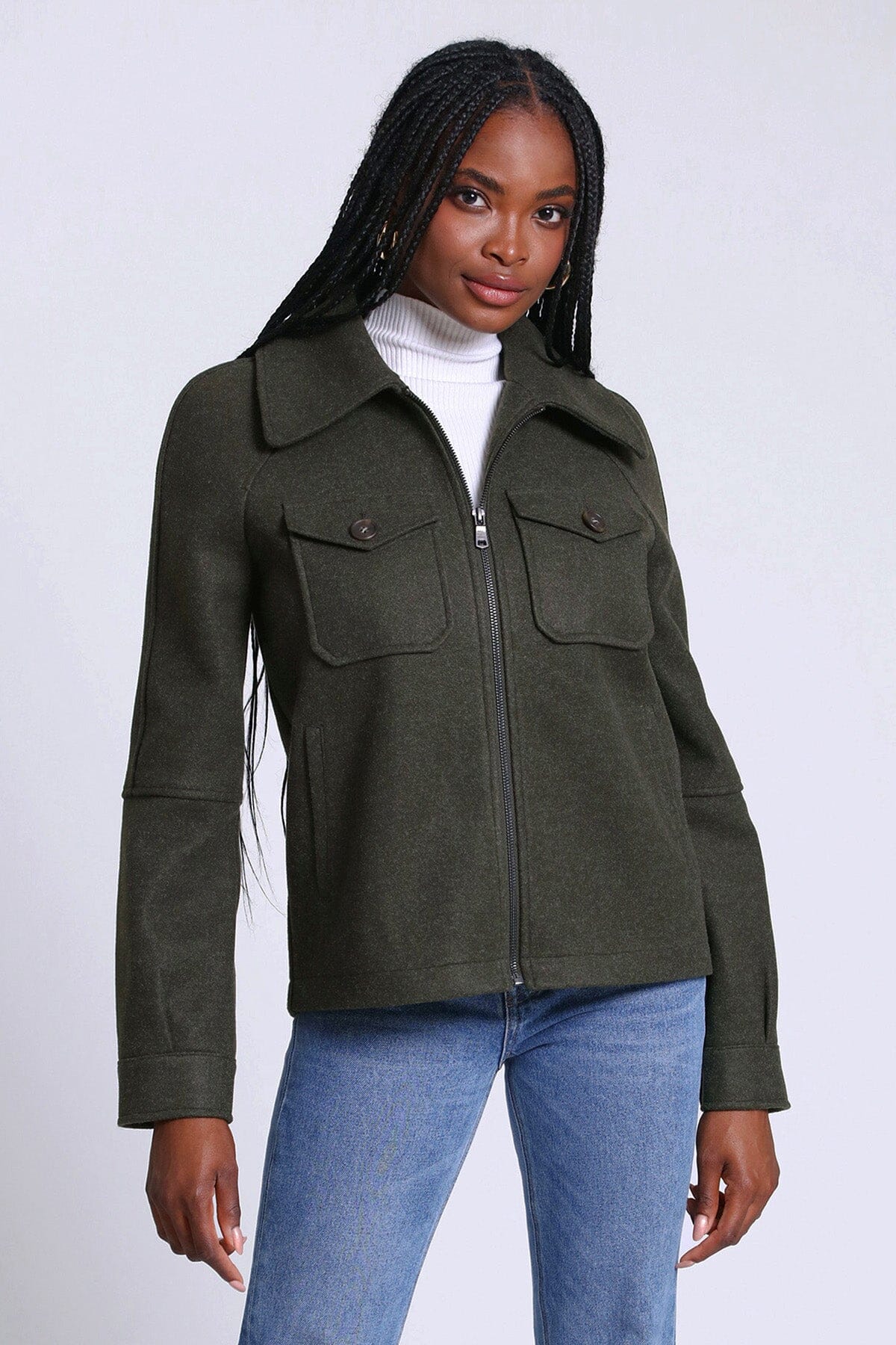 relaxed full zip front jacket shacket olive green - women's figure flattering day to night coats jackets shackets