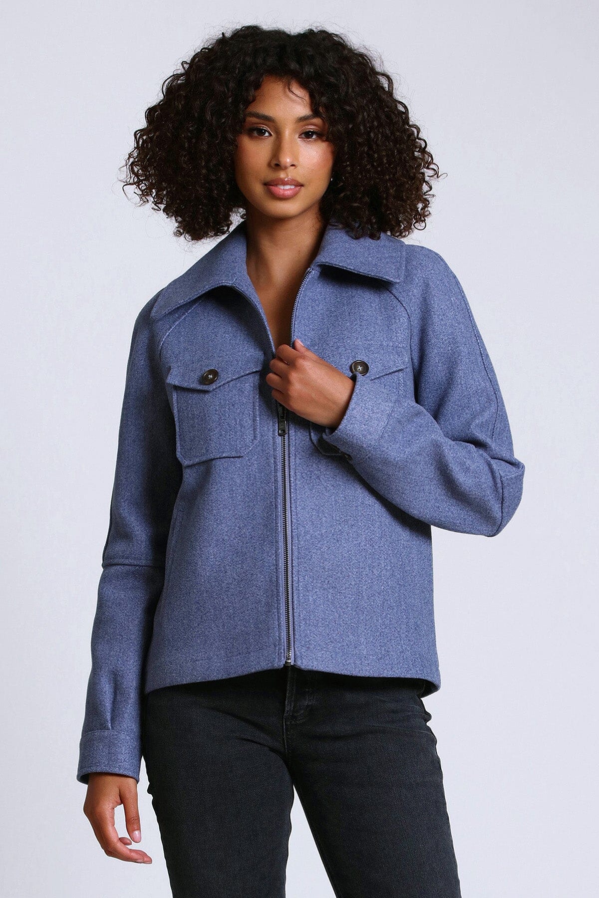 storm blue relaxed full zip front jacket shacket - women's figure flattering day to night jackets shackets outerwear