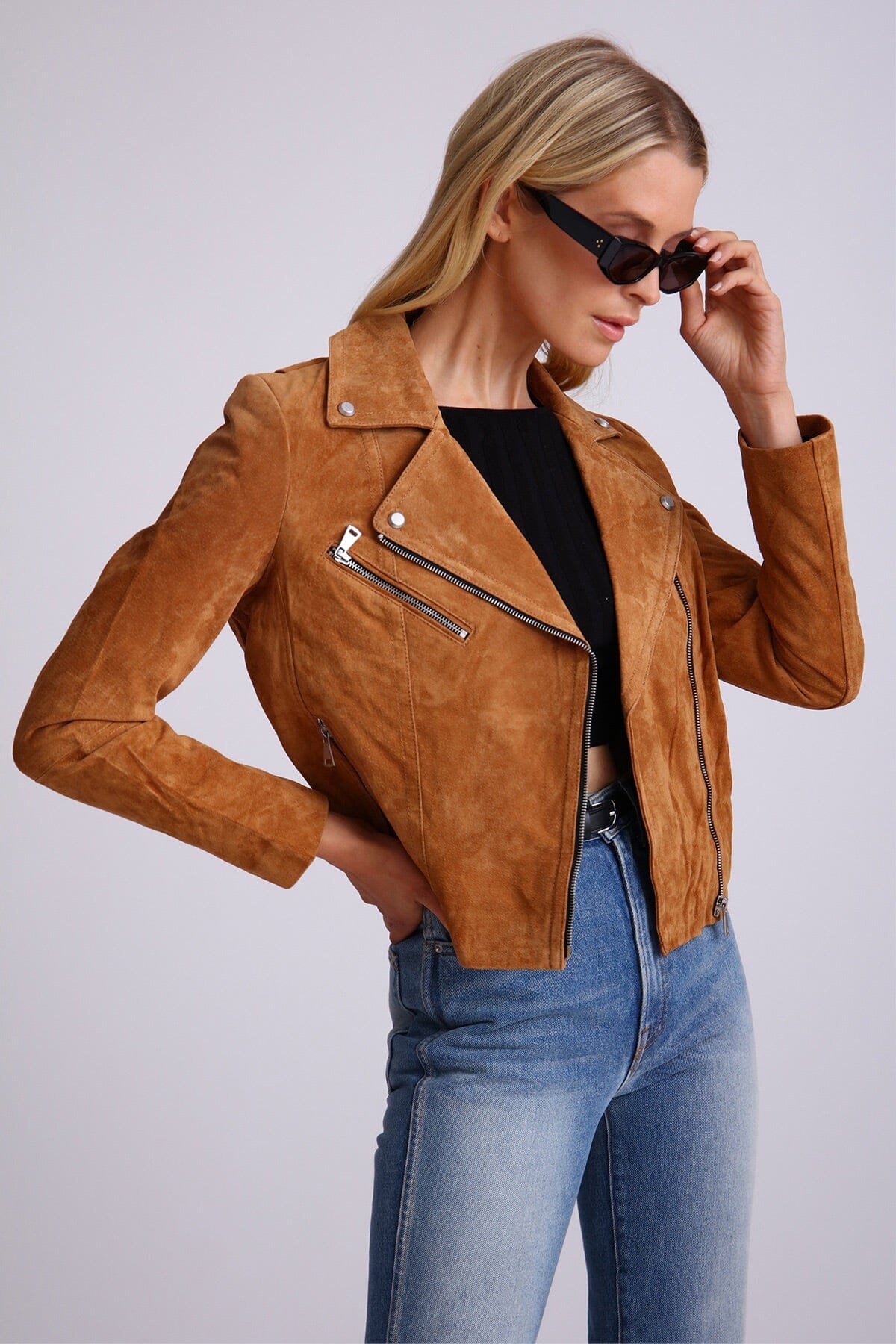 Brown Genuine Suede Biker Jacket Outerwear Bagatelle NYC fashion for women