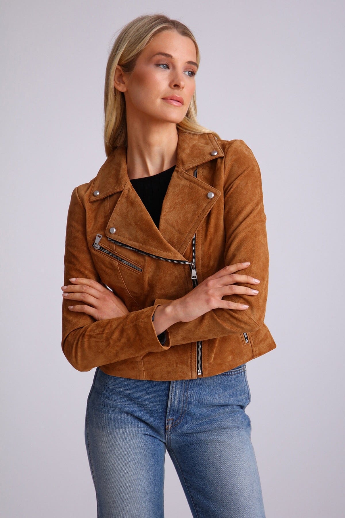 Brown Genuine Suede Moto Biker Jacket Outerwear Bagatelle NYC fashion for women