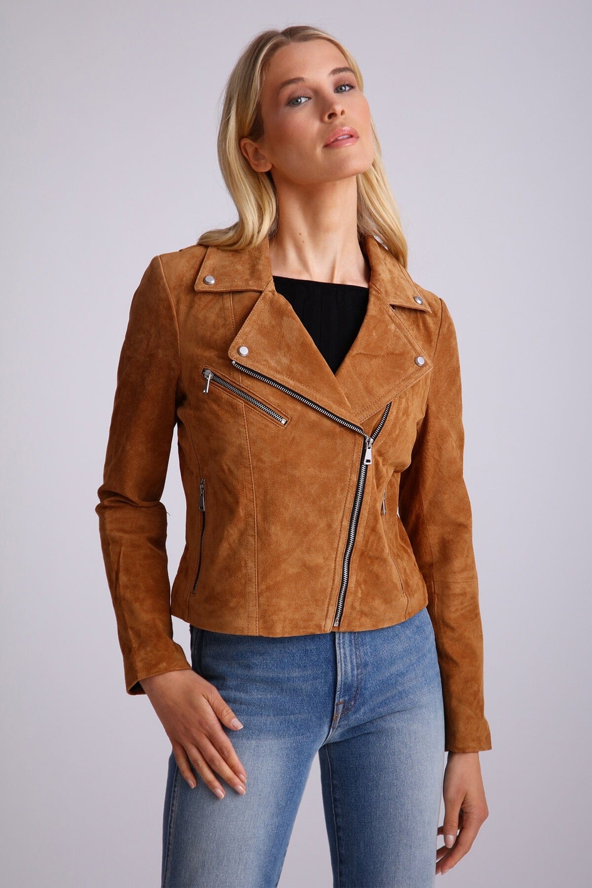 Brown Genuine Suede Biker Jacket Outerwear Bagatelle NYC fashion for women