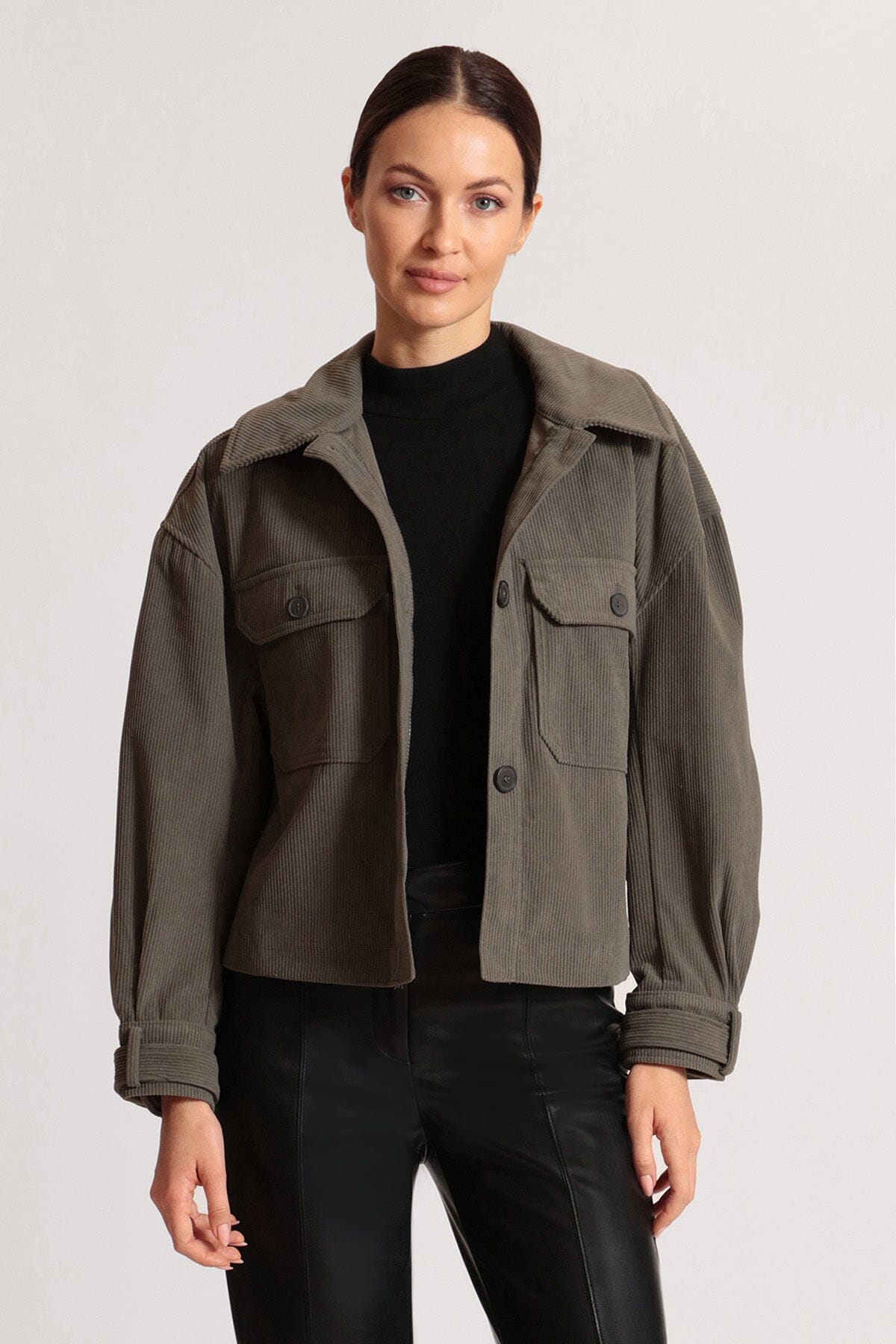 Moss green relaxed corduroy shacket shirt jacket coat - figure flattering day to night shackets jackets for women