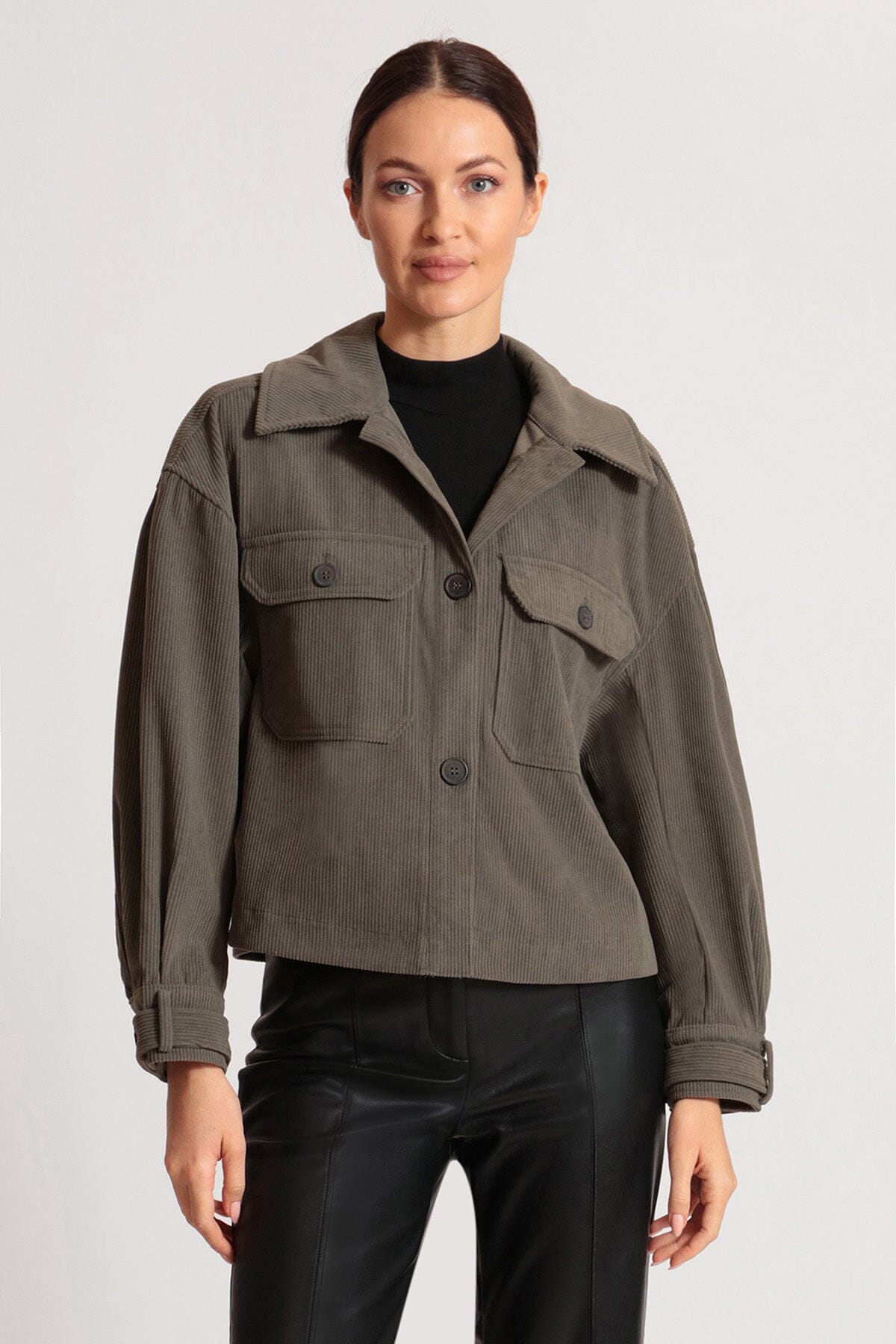 Green relaxed corduroy shacket shirt jacket coat - women's figure flattering stylish shackets jackets outerwear for Fall 2023 fashion