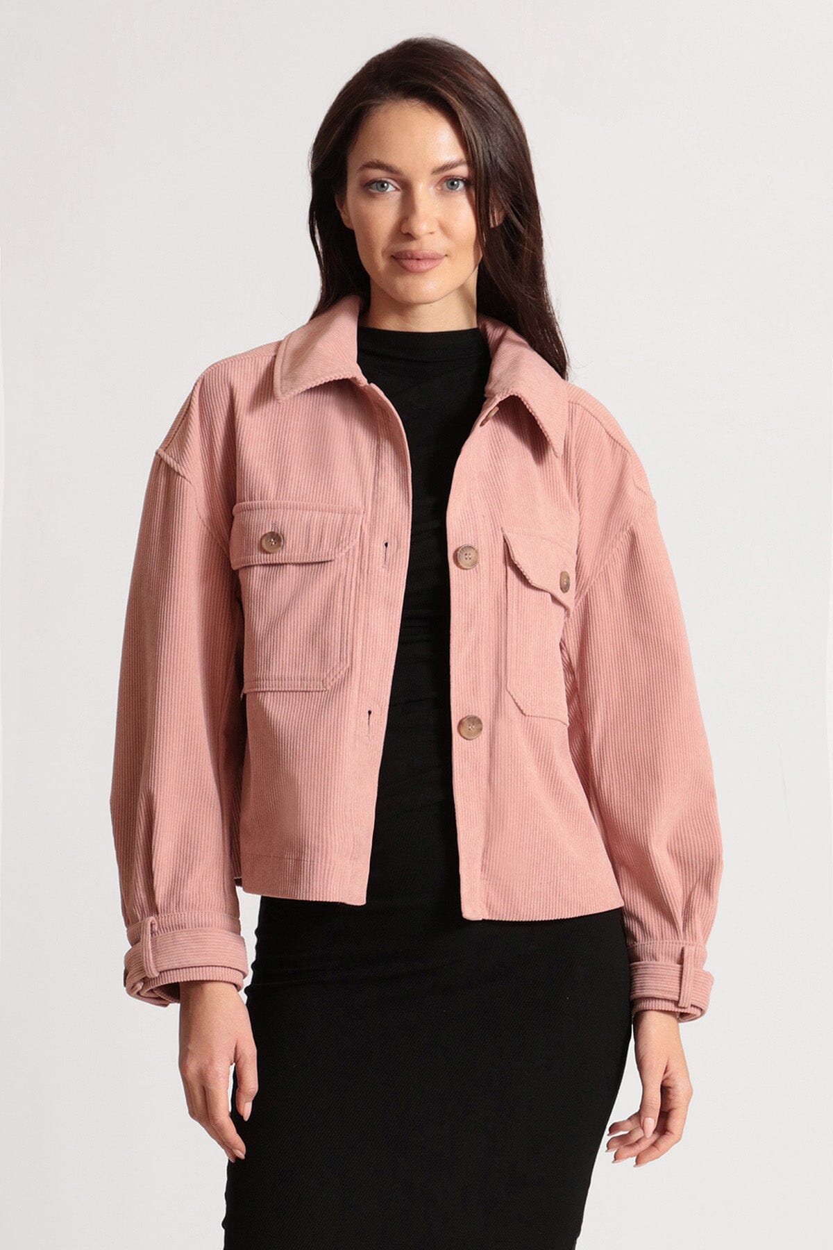 Rose pink relaxed corduroy shacket shirt jacket coat - women's figure flattering casual date night jackets shackets outerwear for Fall fashion