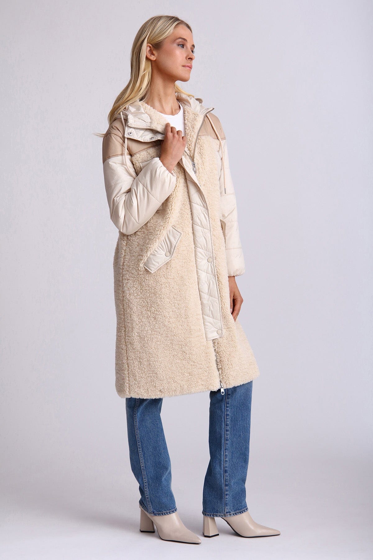 Oat beige faux fur quilted anorak long coat jacket - women's figure flattering jackets coats for fall 2023 fashion trends