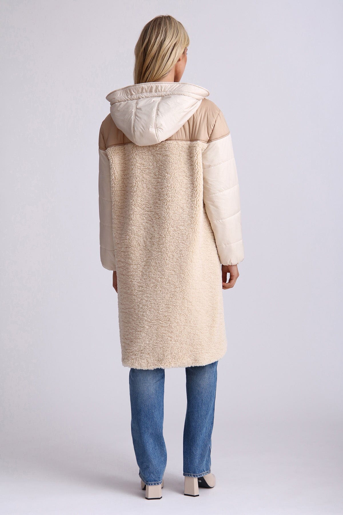 Oat beige faux fur quilted anorak long coat jacket - figure flattering women's fashion jackets coats for fall and winter