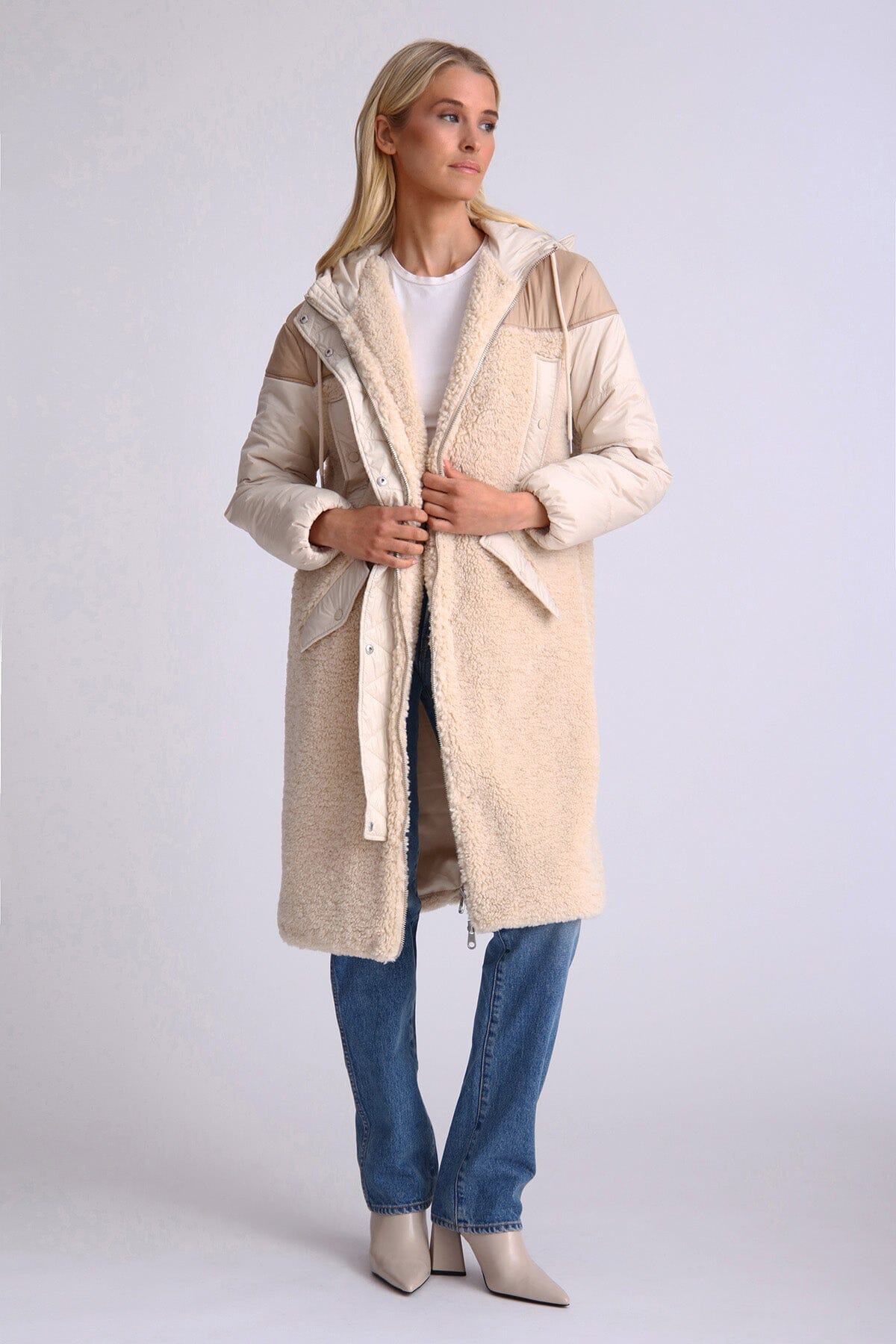Oat beige faux fur quilted anorak long coat jacket - figure flattering fall 2023 jackets outerwear for women