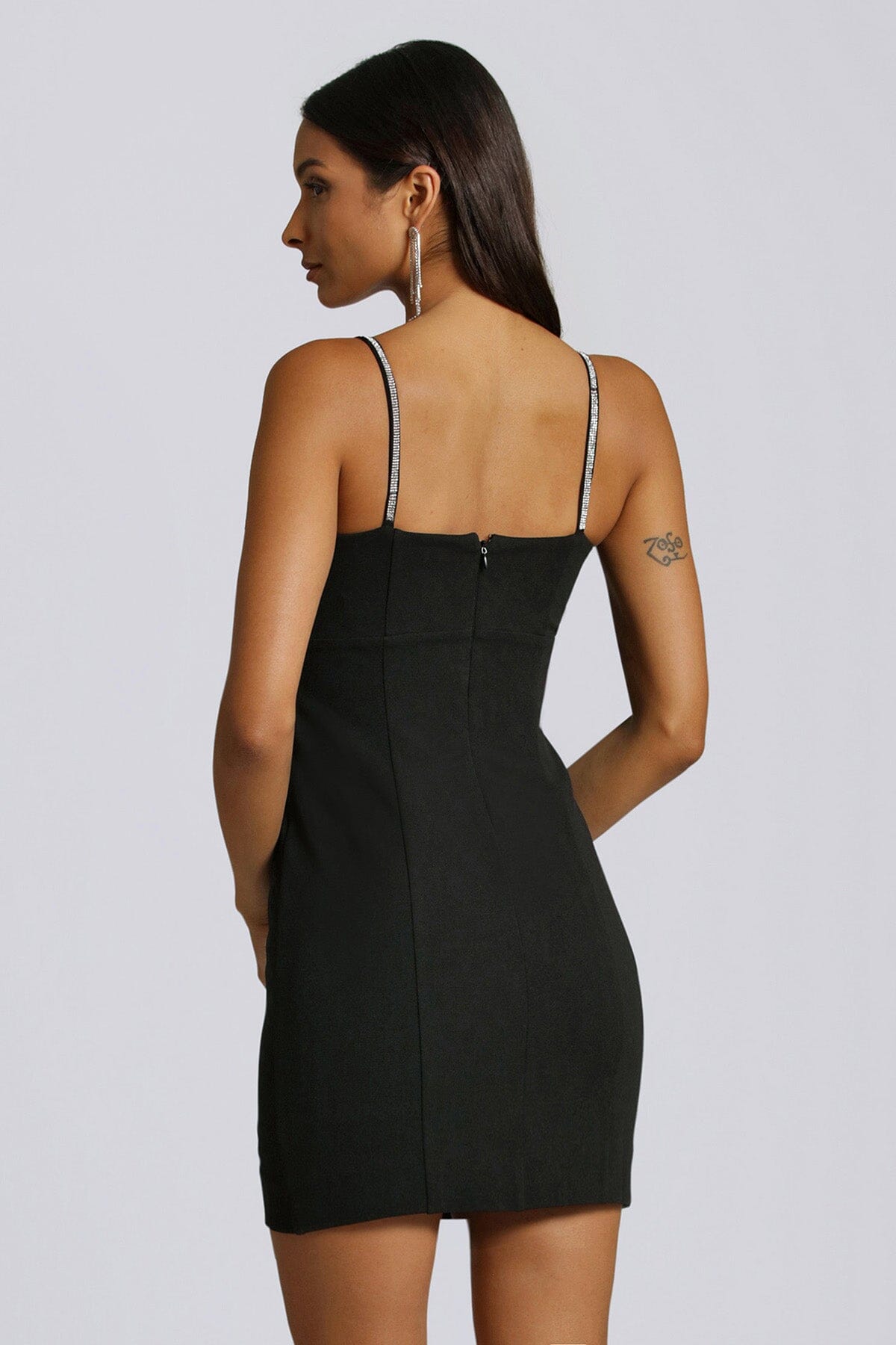 Black v-neck rhinestone trim lbd mini dress - figure flattering new year's eve nye dresses for ladies