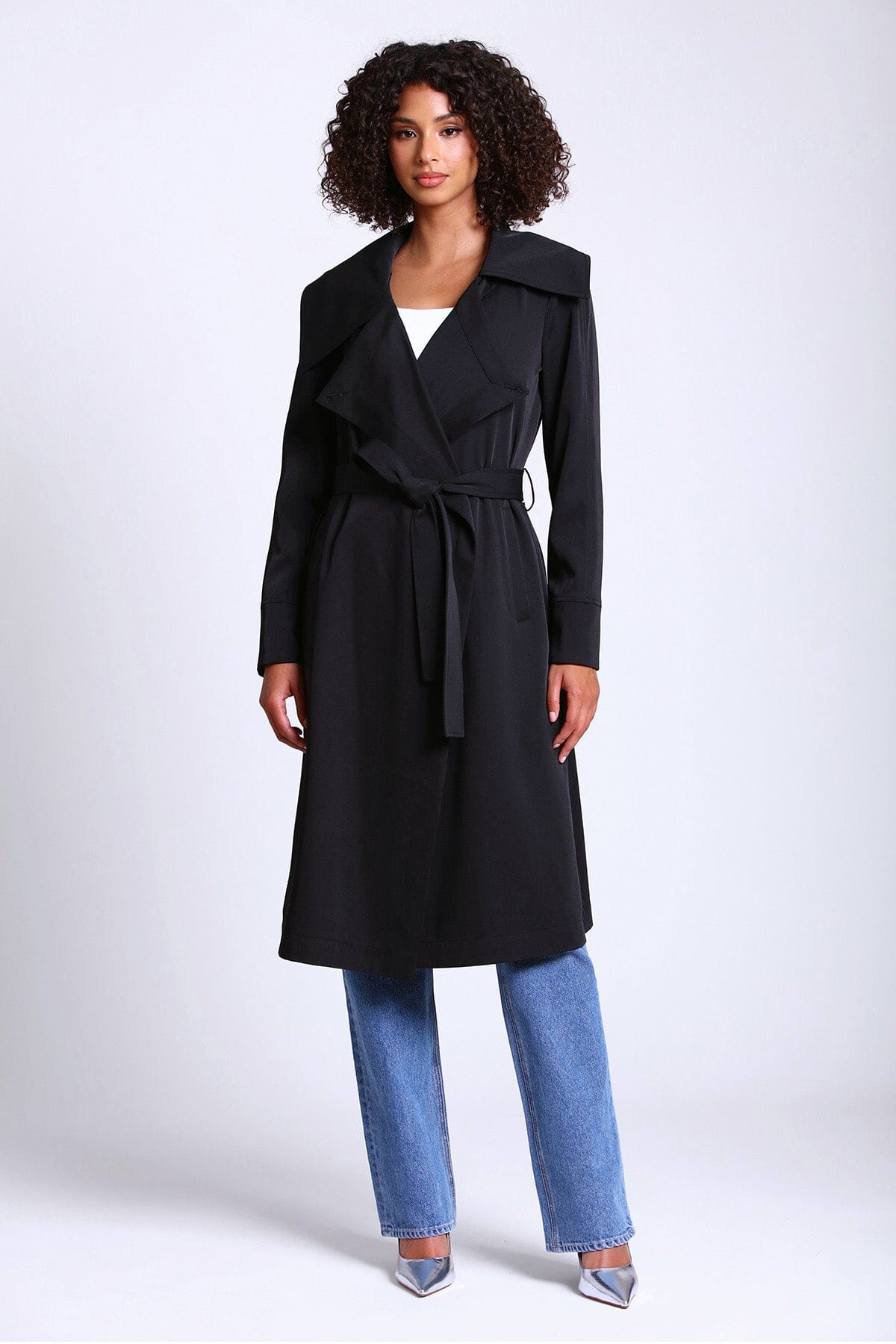 Black belted lightweight trench coat jacket - figure flattering casual to dressy coats jackets for women