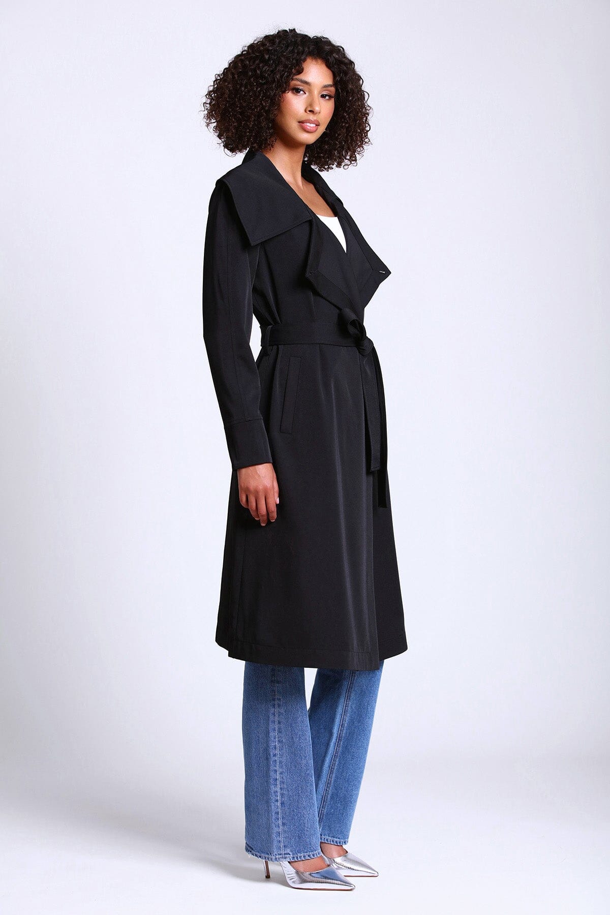 Black belted lightweight trench coat jacket - women's figure flattering day to night outerwear for fall winter fashion