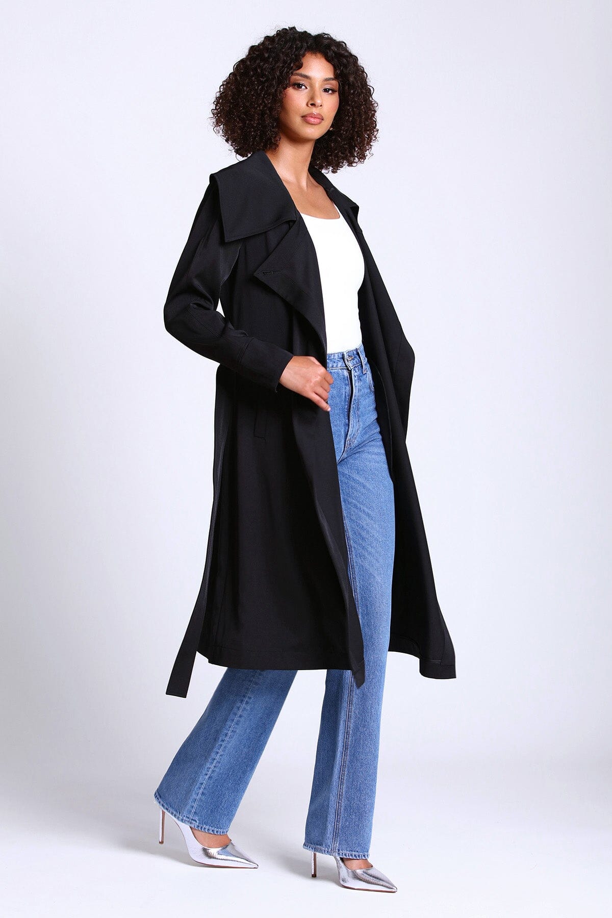 Black belted lightweight trench coat jacket - women's figure flattering fall outerwear for 2023 fashion trends