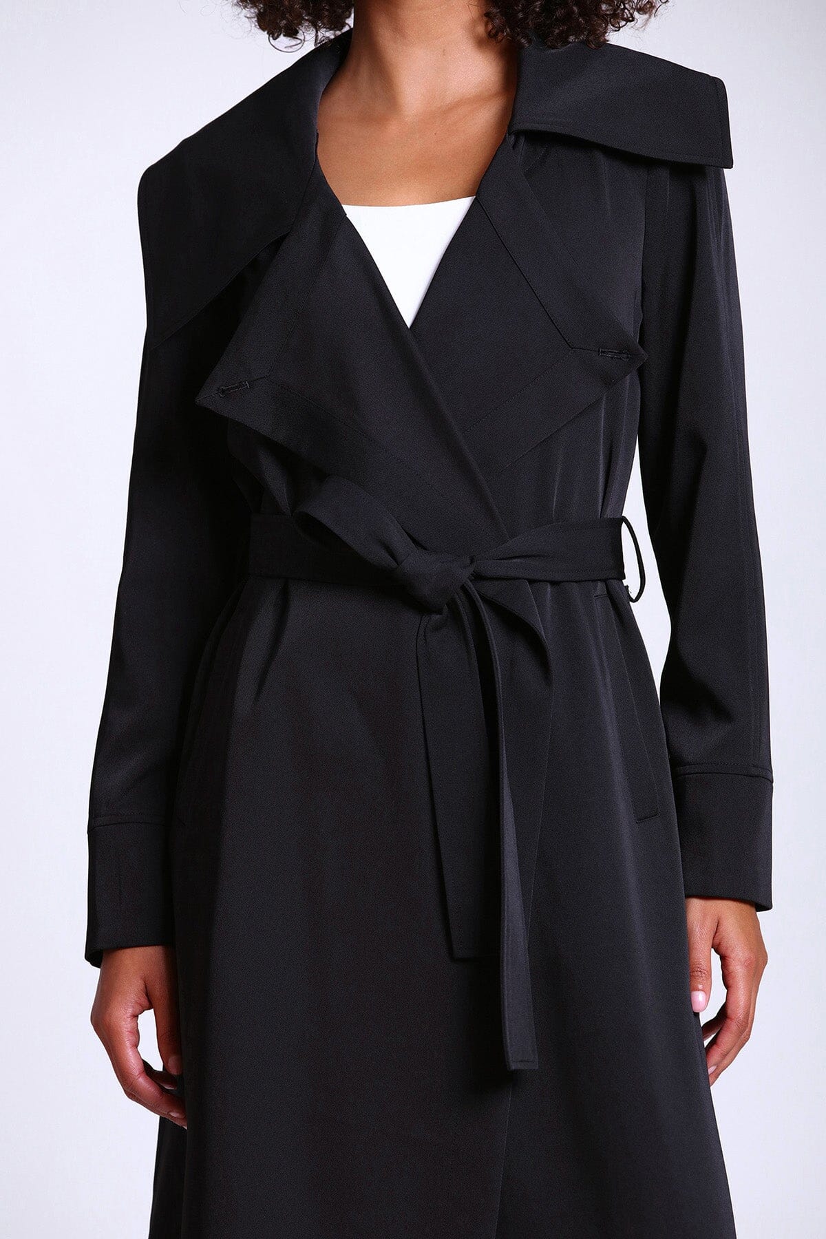 Black belted lightweight trench coat jacket - figure flattering fall winter fashion coats outerwear for women