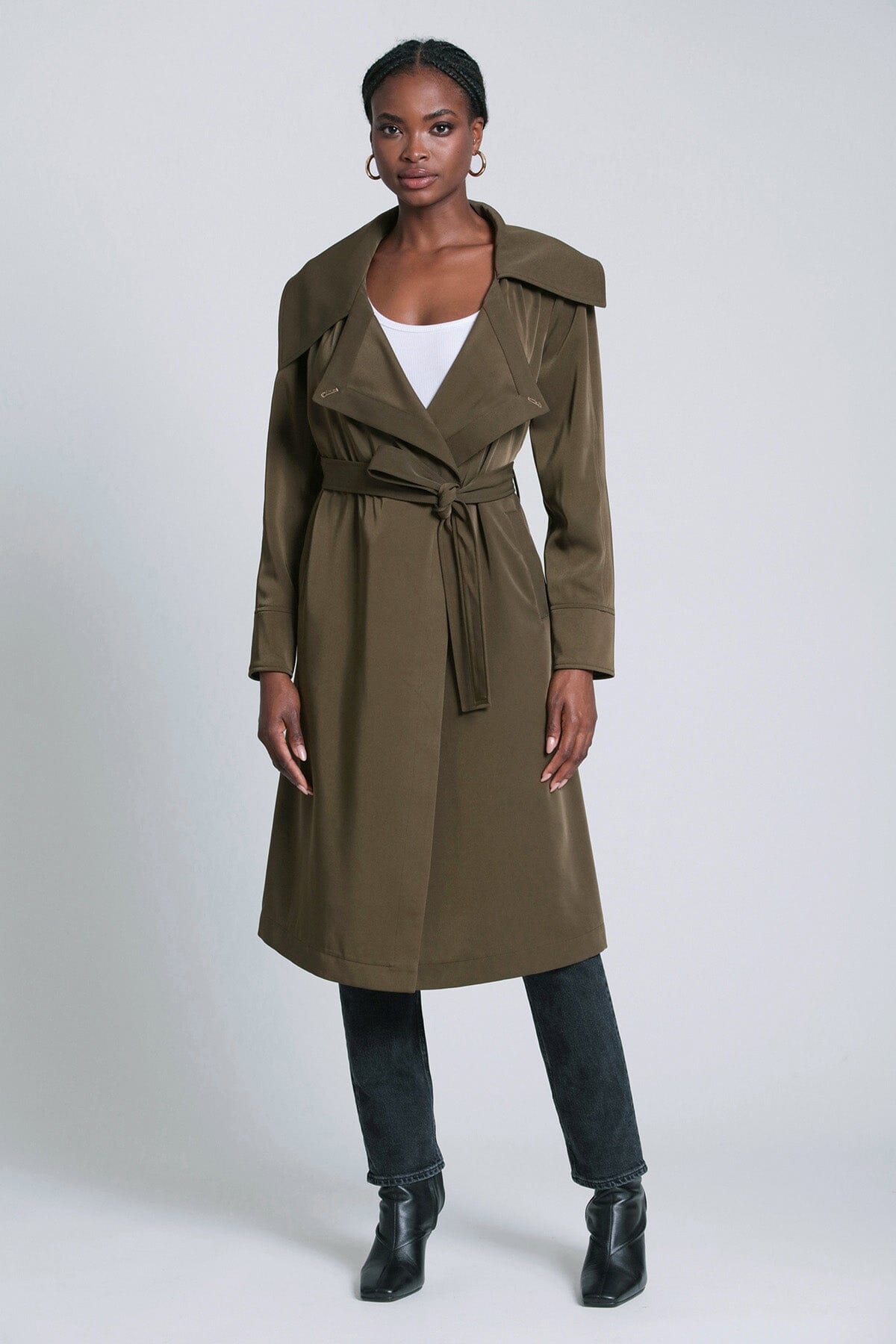 Mushroom green belted lightweight trench coat jacket - women's figure flattering coats outerwear for fall winter fashion trends