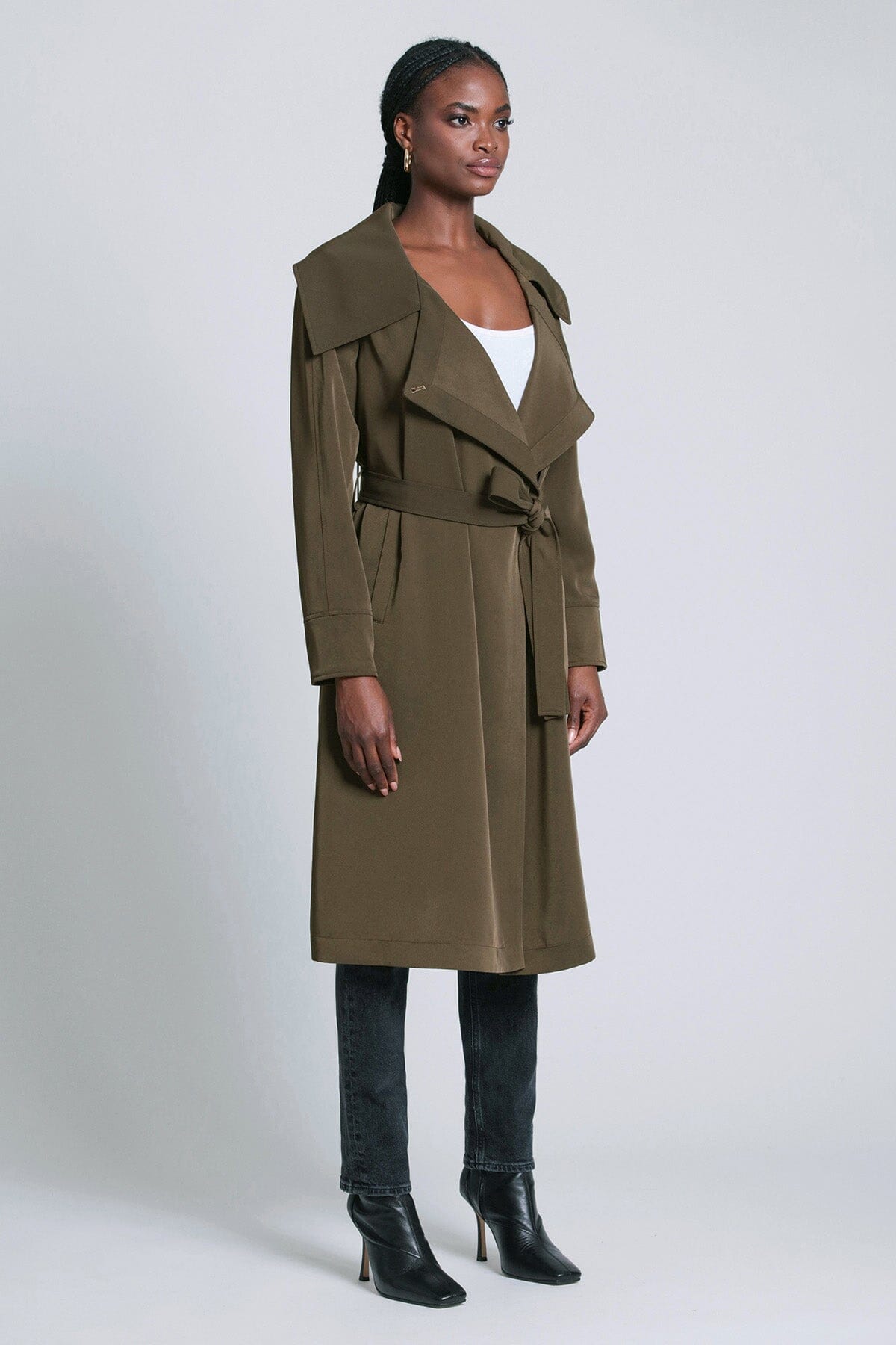 Mushroom green belted lightweight trench coat jacket - figure flattering women's day to night coats jackets for fall fashion