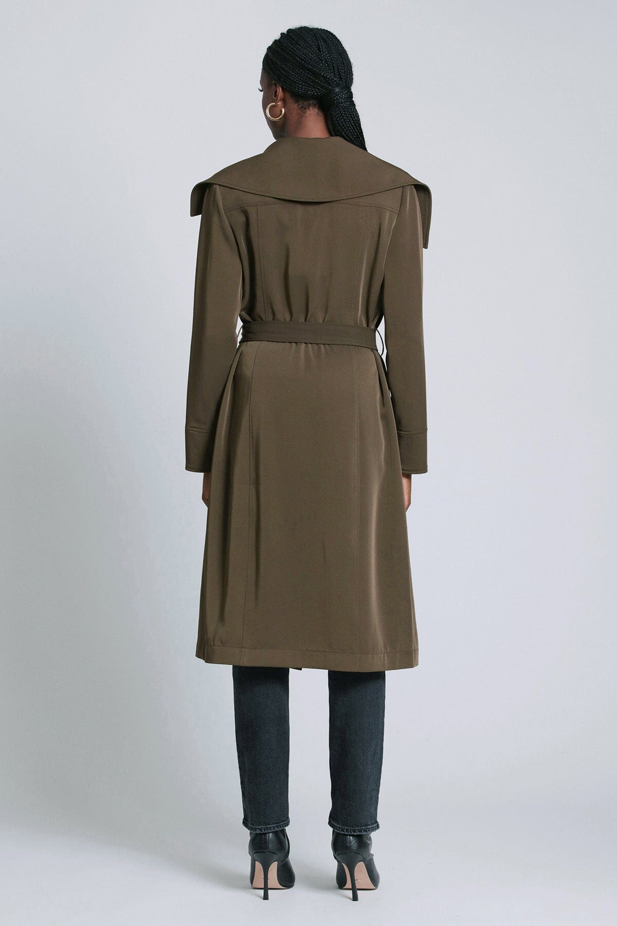 Mushroom green belted lightweight trench coat jacket - women's figure flattering fall 2023 outerwear