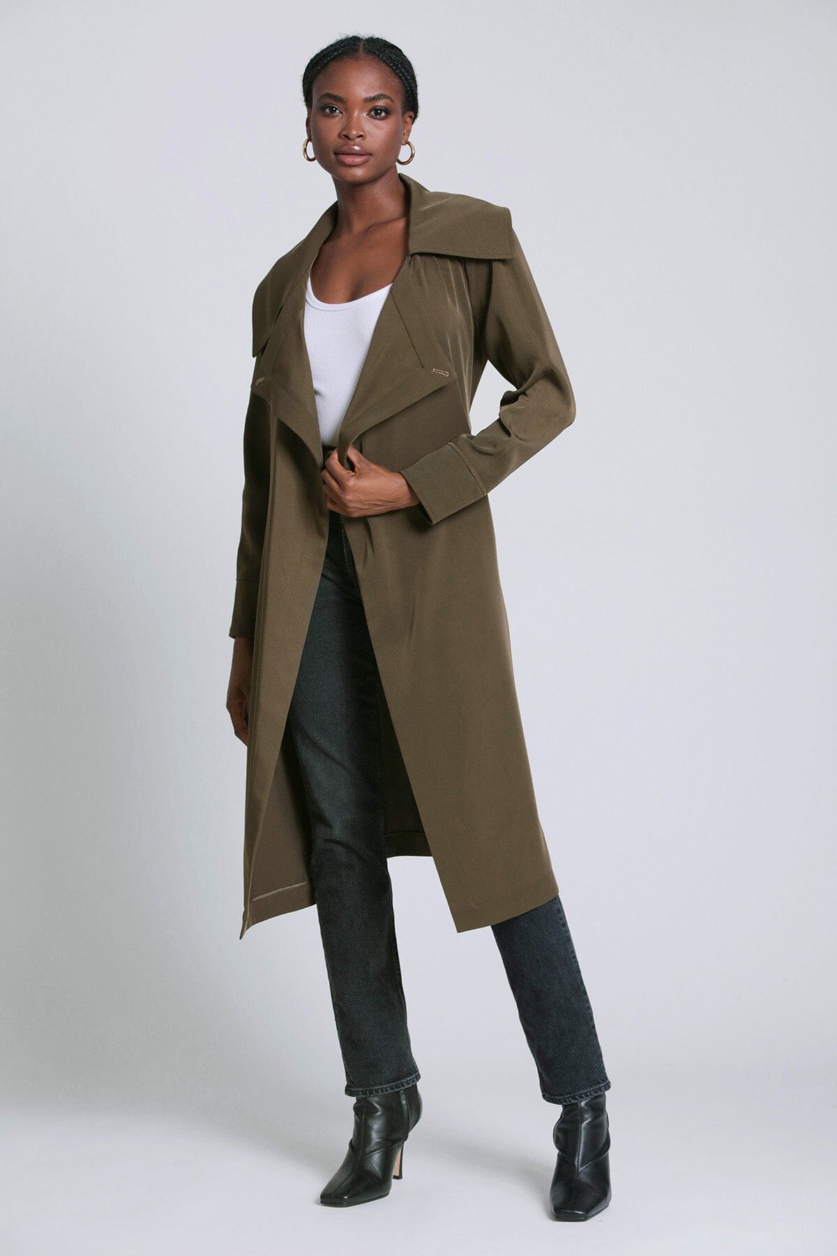 Mushroom green belted lightweight trench coat jacket - figure flattering fall 2023 fashion coat jackets for women