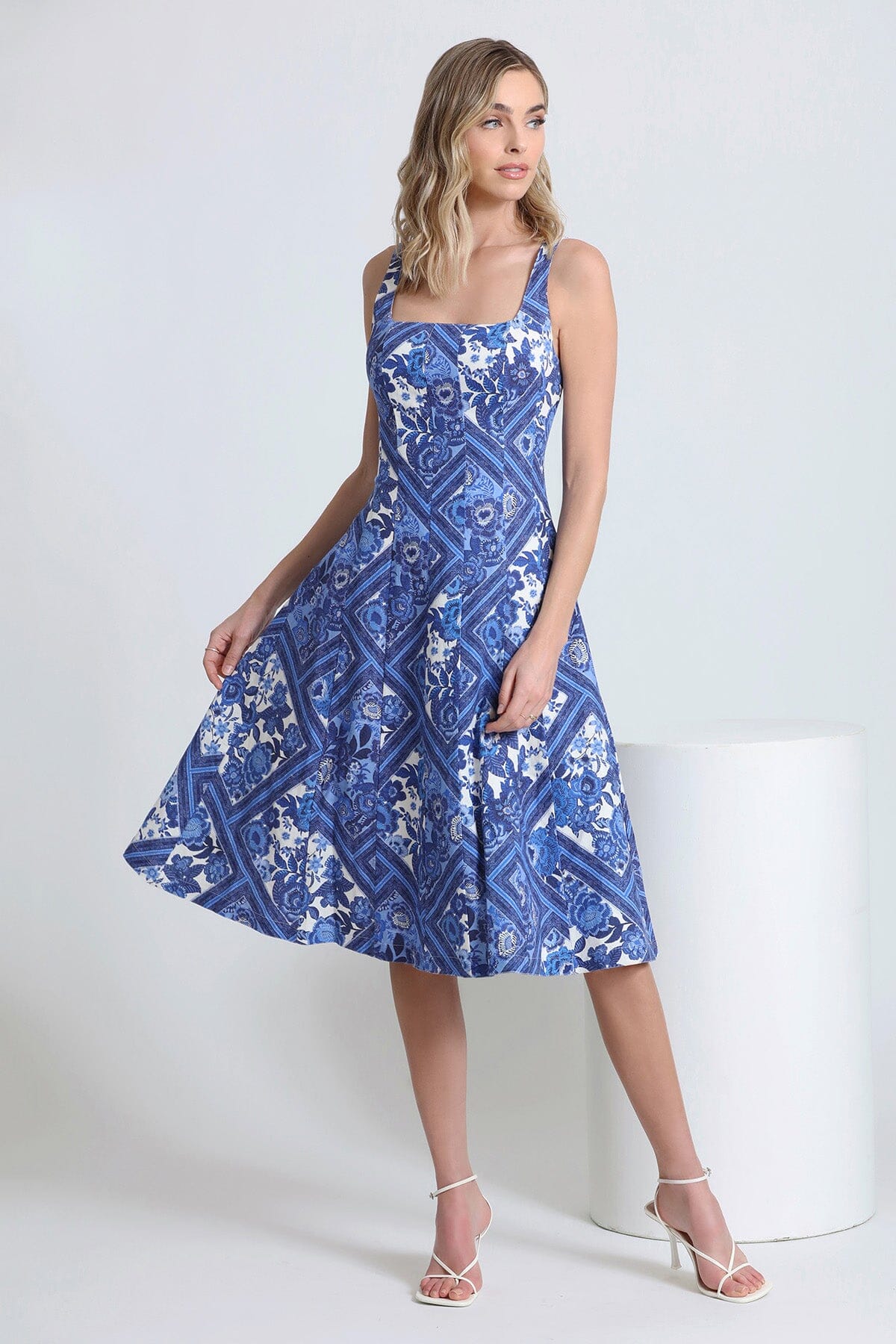Blue patchwork floral linen blend fit and flare dress - brunch spring summer dresses by Avec Les Filles 