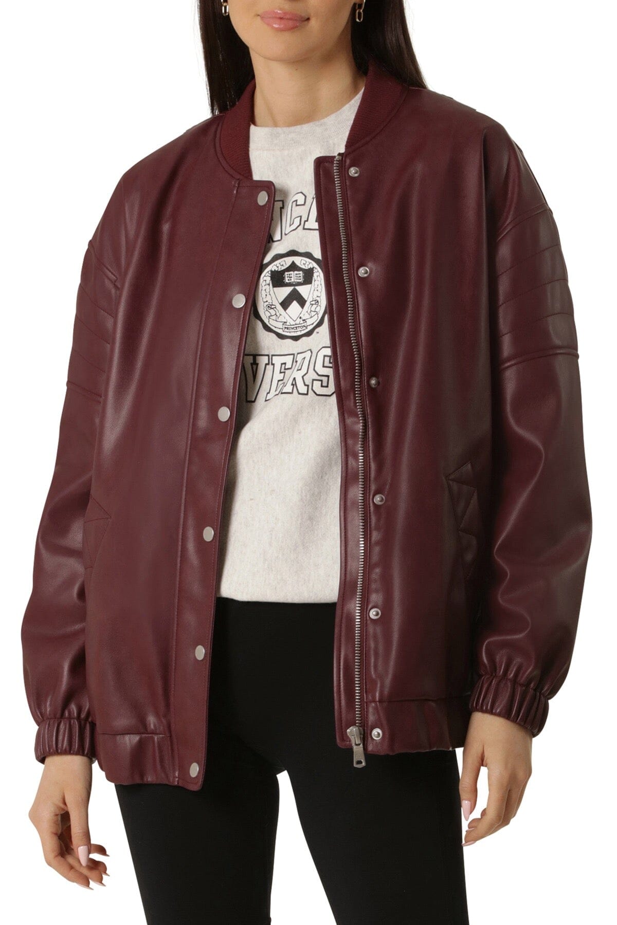 Zinfandel red faux ever vegan leather relaxed bomber jacket coat - figure flattering street style coats jackets for women