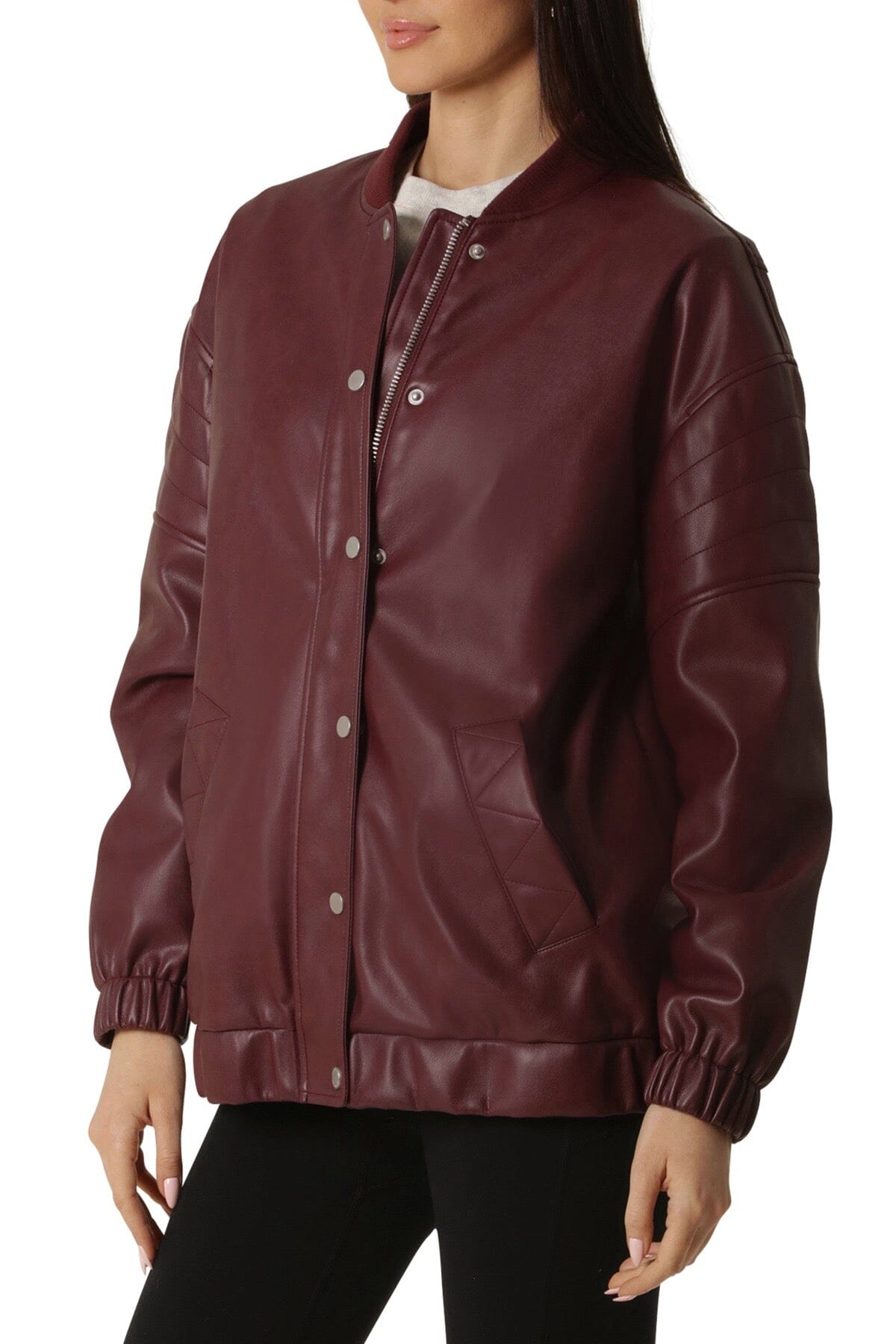 Zinfandel red faux ever vegan leather relaxed bomber jacket coat - figure flattering day to night jackets outerwear for ladies