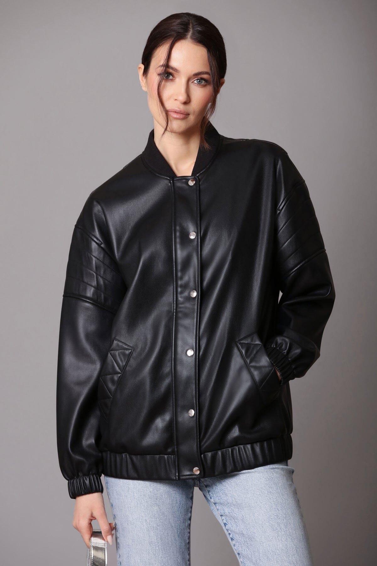 Black faux ever vegan leather relaxed bomber jacket coat - women's figure flattering day to night coats jackets for fall fashion