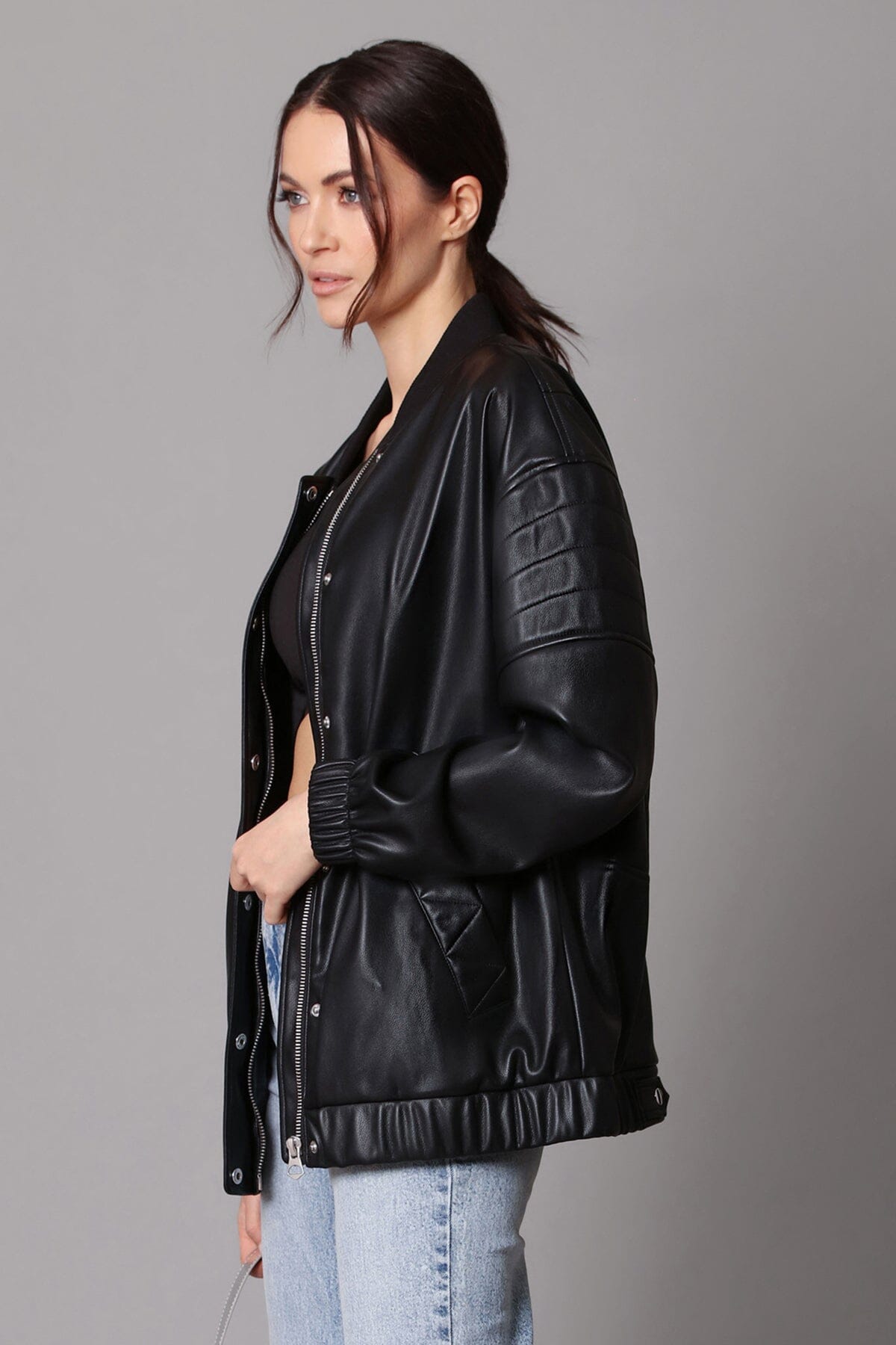 Black faux ever vegan leather relaxed bomber jacket coat - figure flattering casual office to night out jackets outerwear for ladies