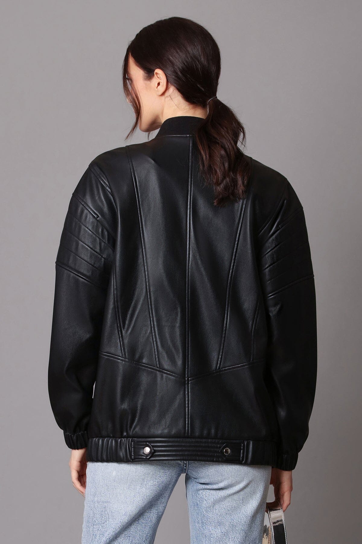 Black faux ever vegan leather relaxed bomber jacket coat - women's figure flattering fall winter fashion coats jackets