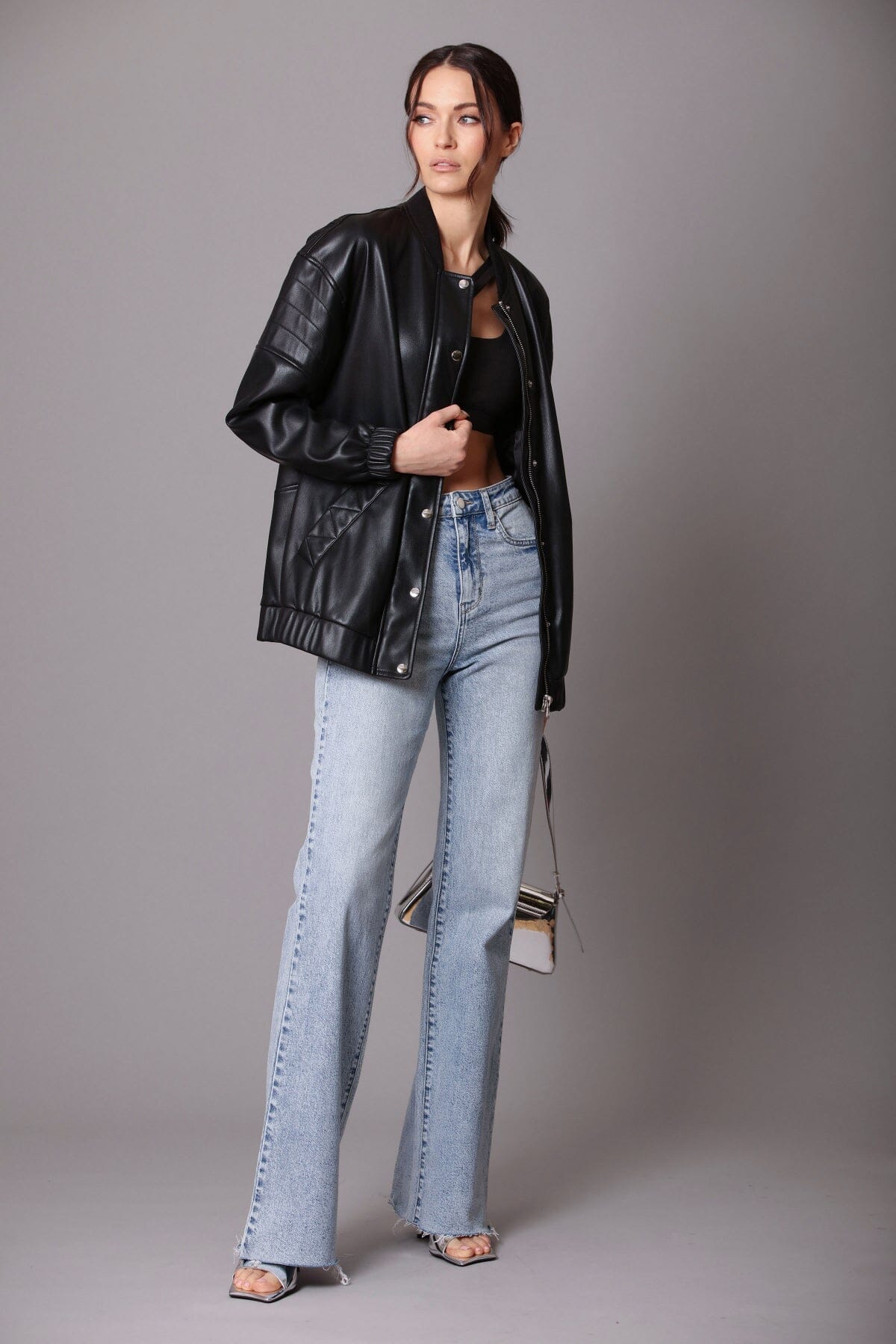 Black faux ever vegan leather relaxed bomber jacket coat - women's figure flattering bombers jackets coats for fall winter fashion