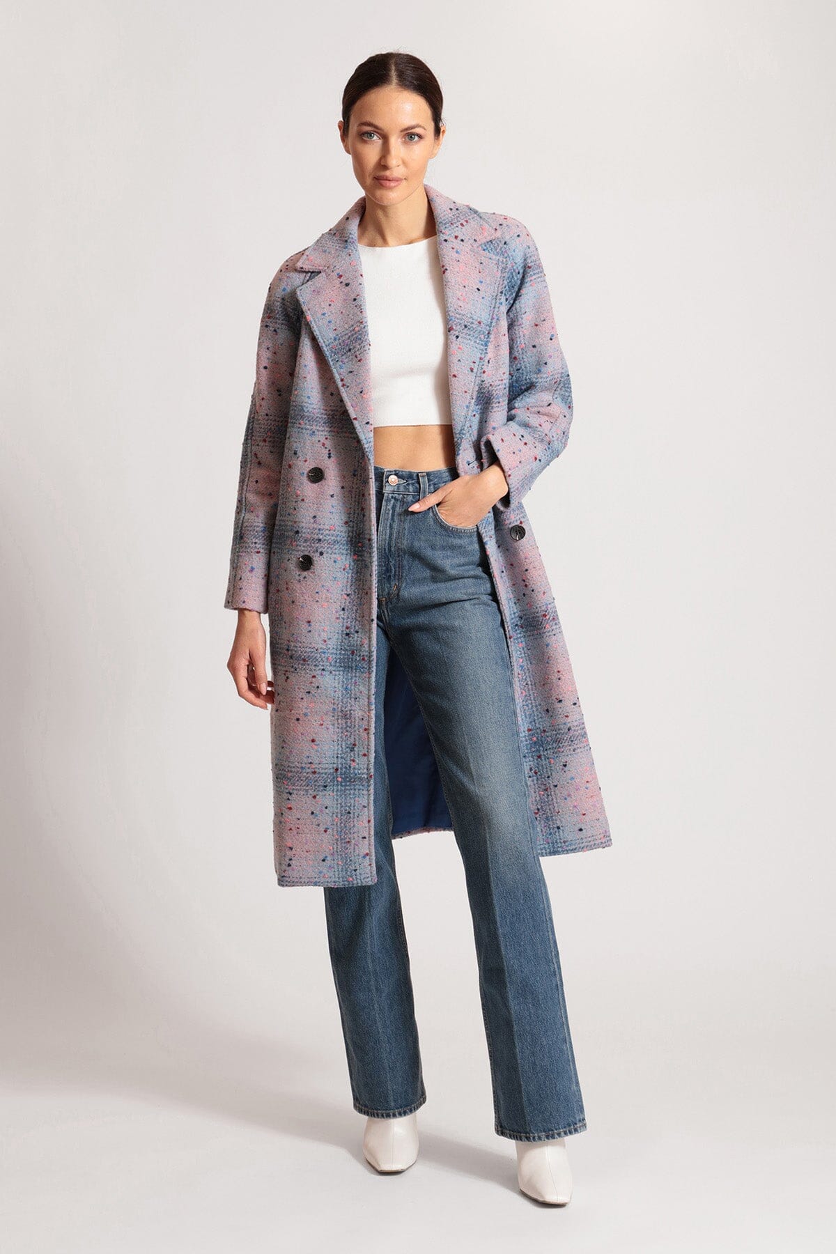 Figure flattering donegal tweed wool blend wrap coat jacket in blue and pink for ladies by Avec Les Filles