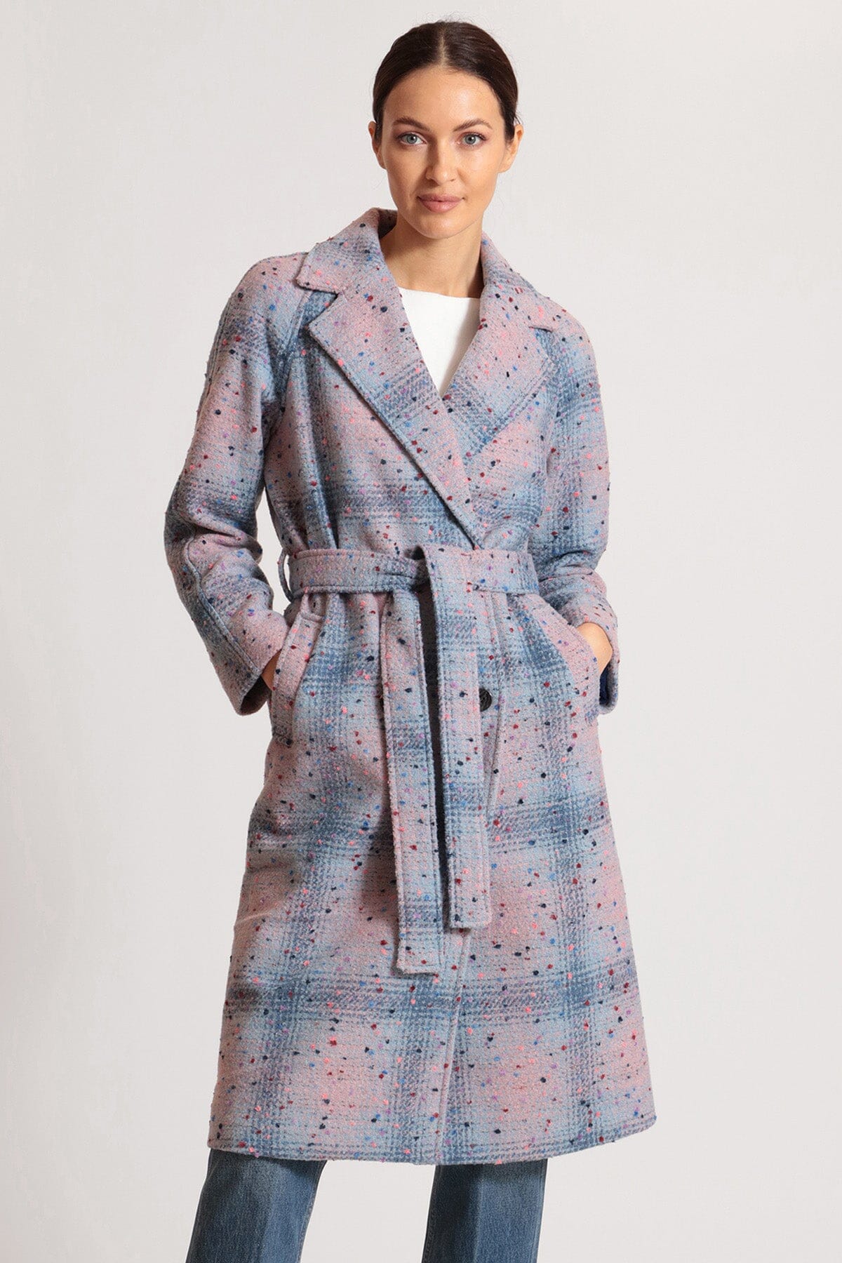 Donegal tweed wool blend wrap coat jacket - women's figure flattering casual to dressy long coats jackets outerwear for Fall 2023 fashion