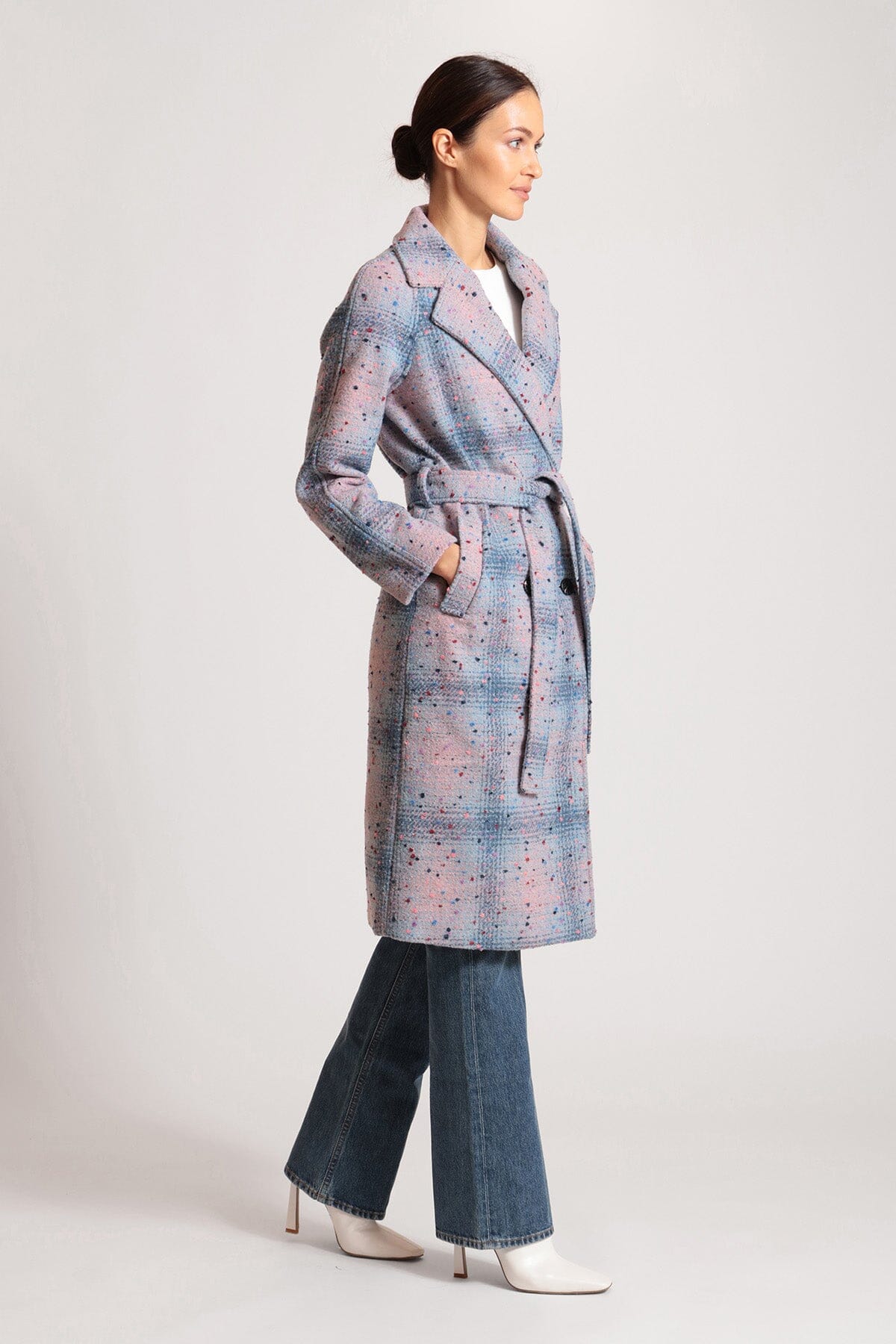 Women's figure flattering donegal tweed wool blend wrap coat outerwear for Fall 2023 fashion by Avec Les Filles