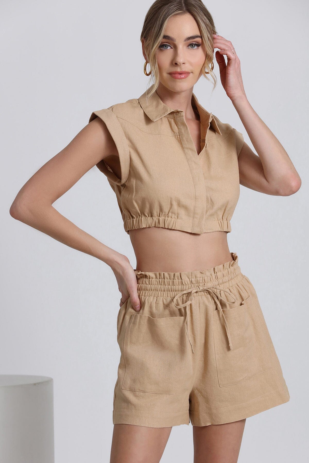 Women s Camel Beige Linen Blend Crop Top and Short Set