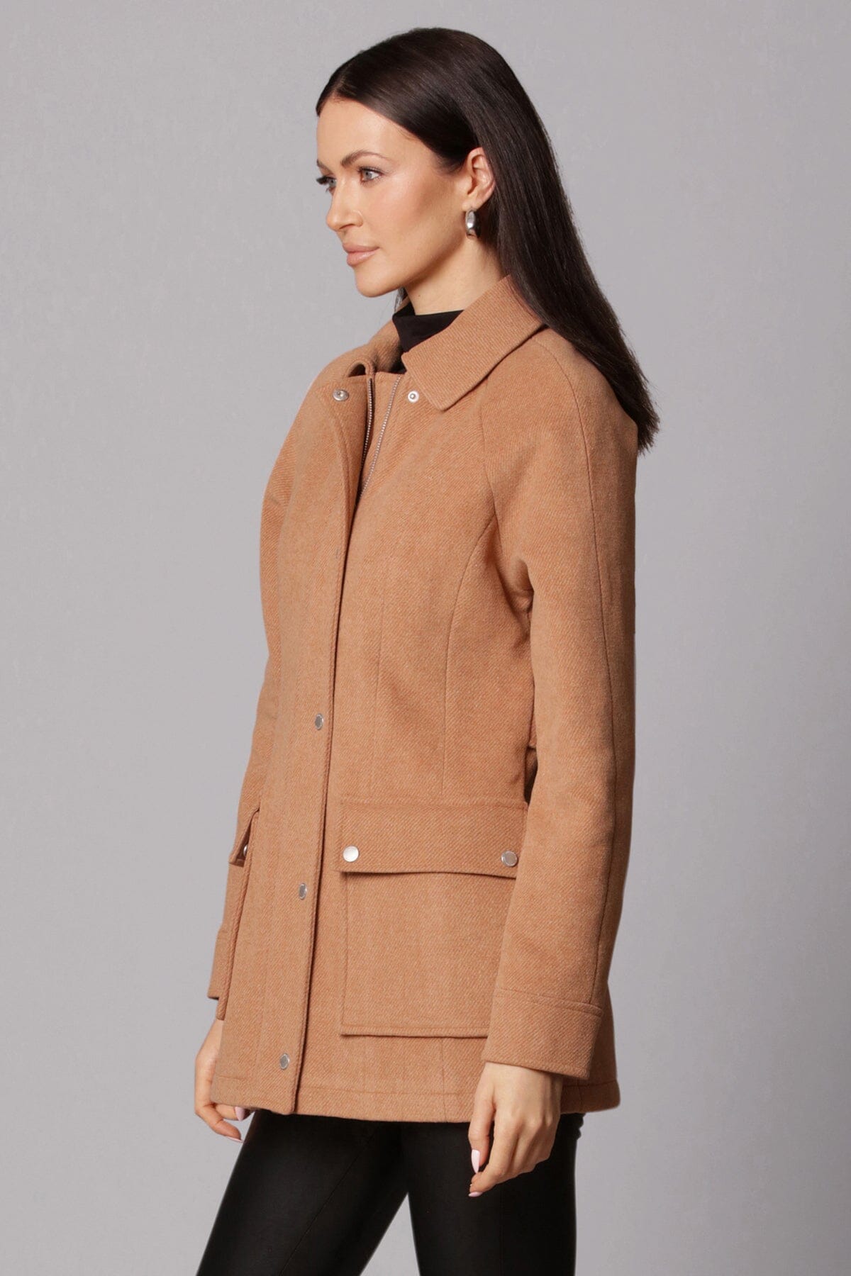 Light brown twill wool blend zip-front jacket coat outerwear - figure flattering fall fashion jackets coats for ladies