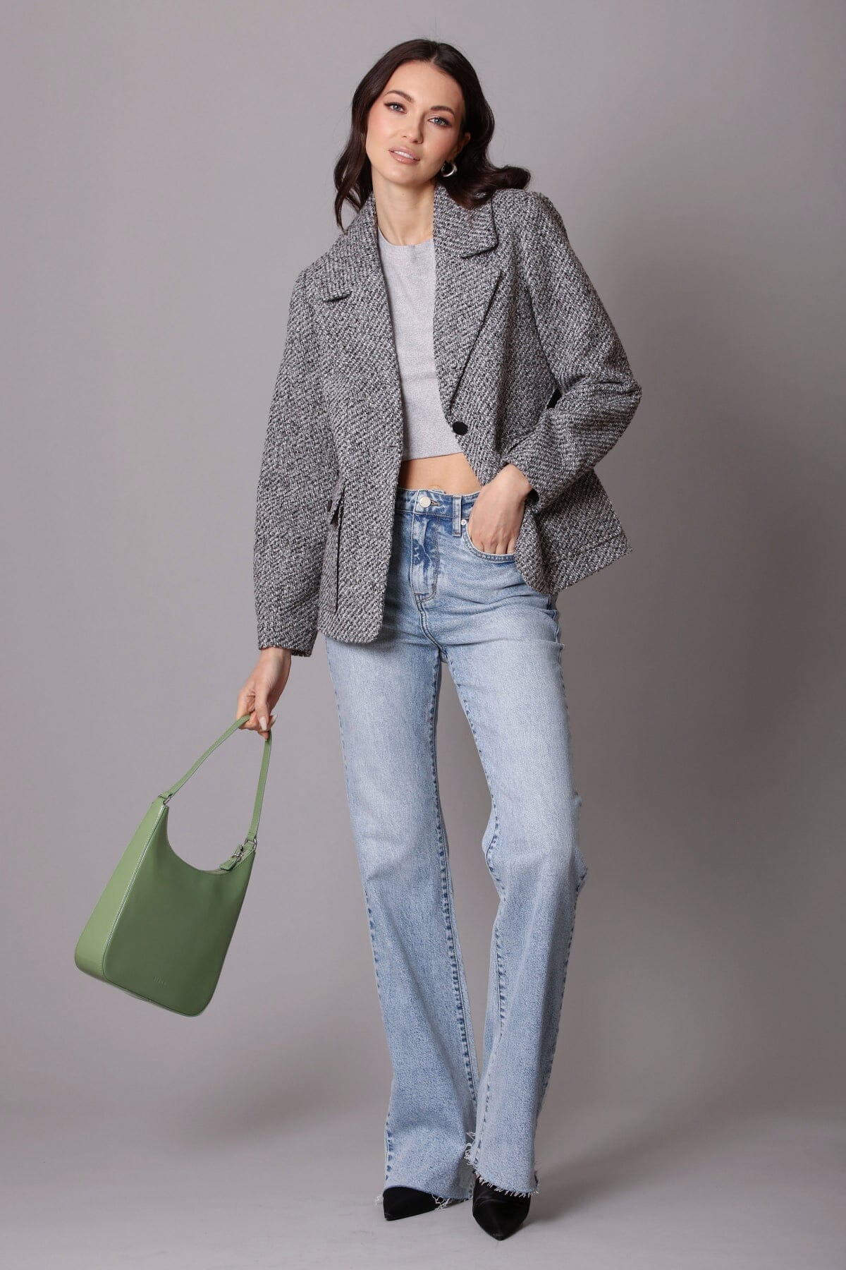 Grey relaxed retro tweed blazer coat jacket - women's figure flattering day to night blazers jackets for Fall 2023 fashion trends