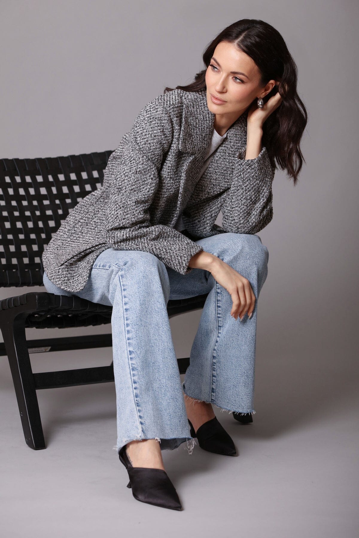 Grey relaxed retro tweed blazer coat jacket - figure flattering fall fashion blazers jackets outerwear for ladies