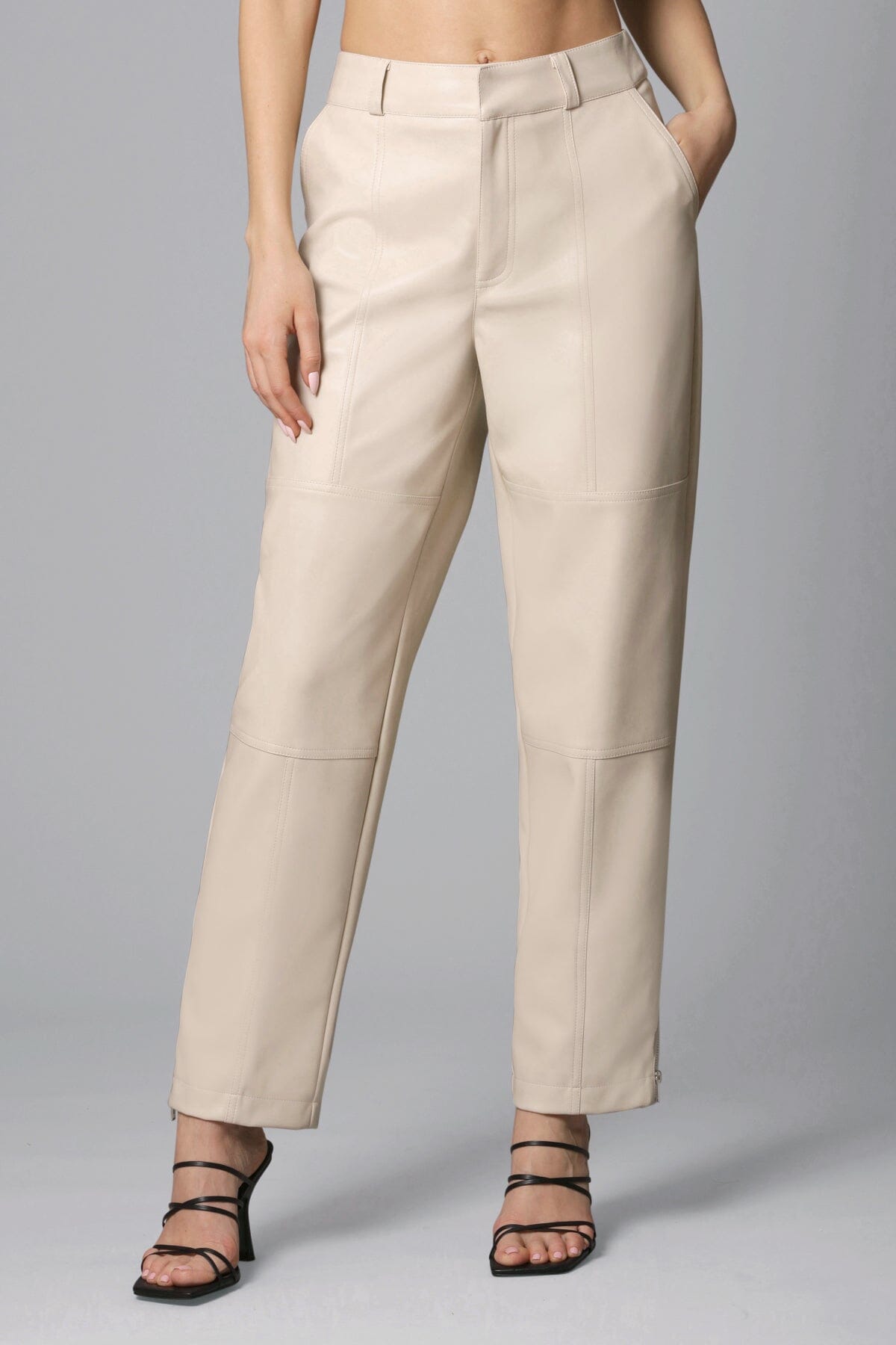 bone beige off white faux ever leather tapered pant - women's figure flattering work appropriate pants 