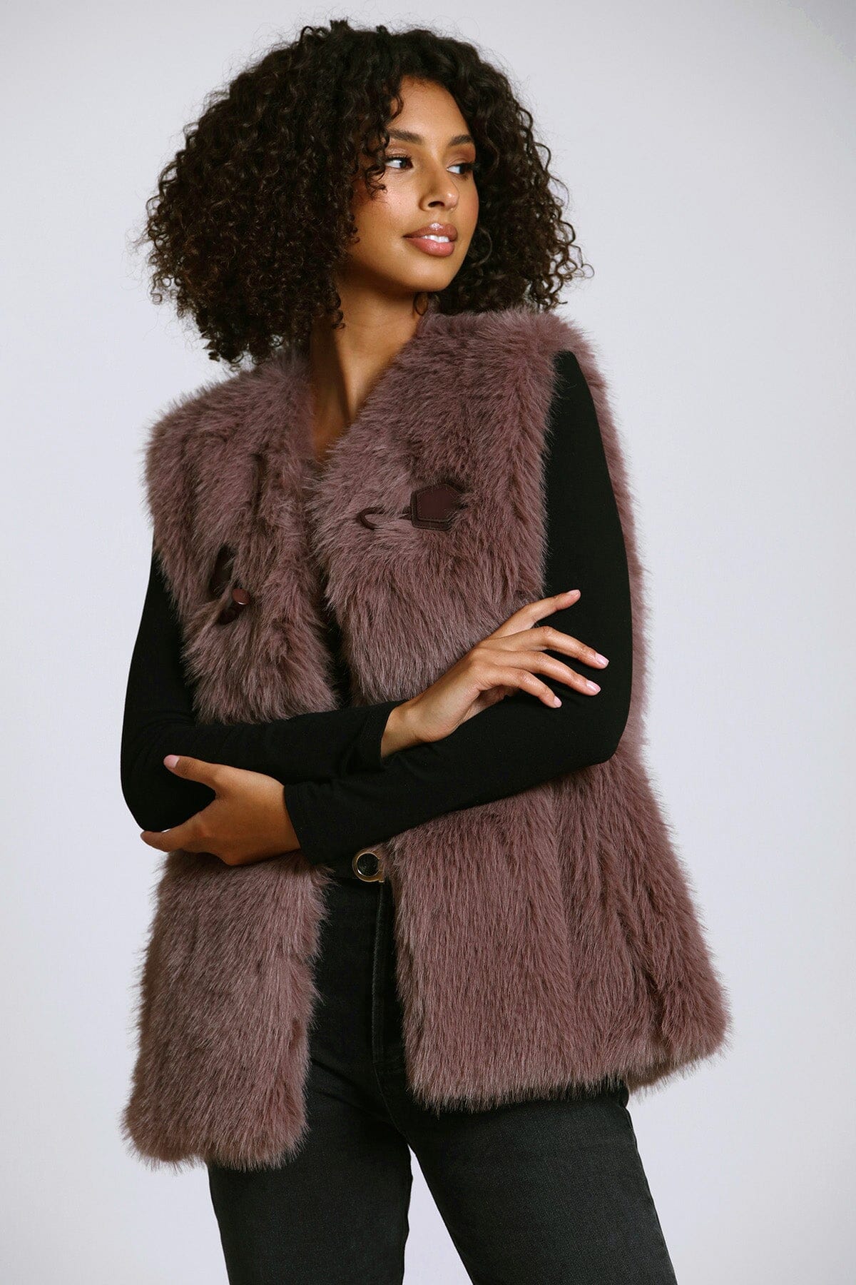 Faux fur toggle vest portabella taupe brown - women's figure flattering dressy vests for fall fashion trends