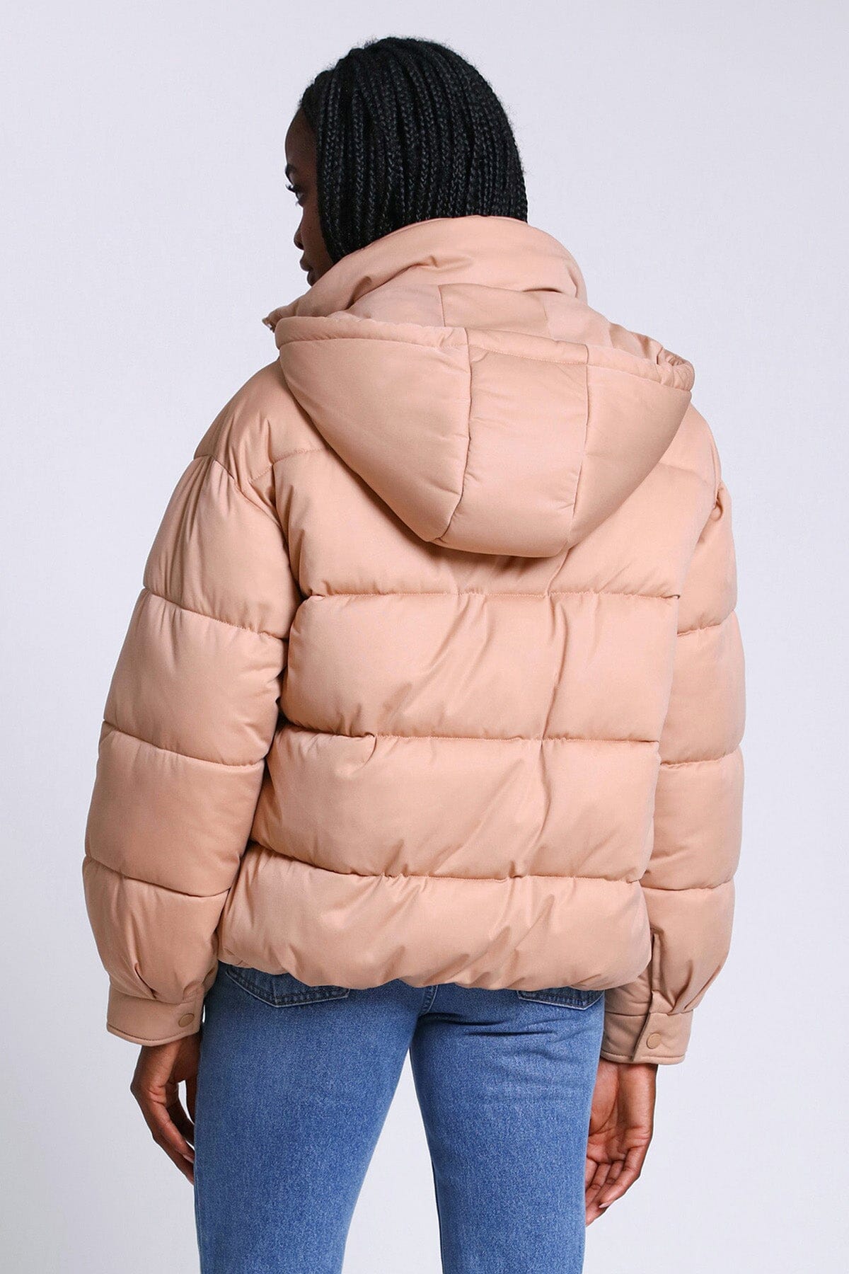 Beige thermal puff down filled puffer coat jacket - women's figure flattering cozy fashion jackets coats for Fall 2023 trends