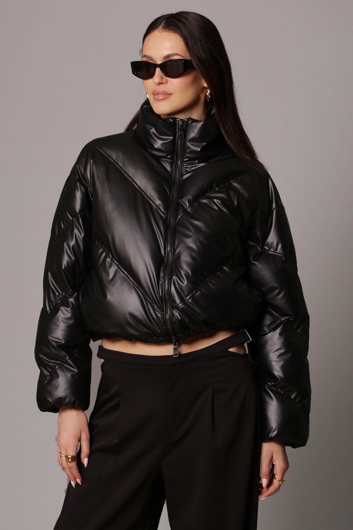 Black thermal puff glossy cropped puffer jacket coat - figure flattering casual to dressy puffers jackets outerwear for ladies