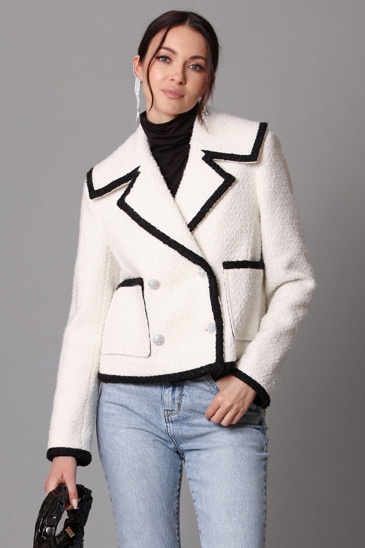 contrast trim wool blend tweed jacket white ivory black - figure flattering designer fashion office to date night jackets for women