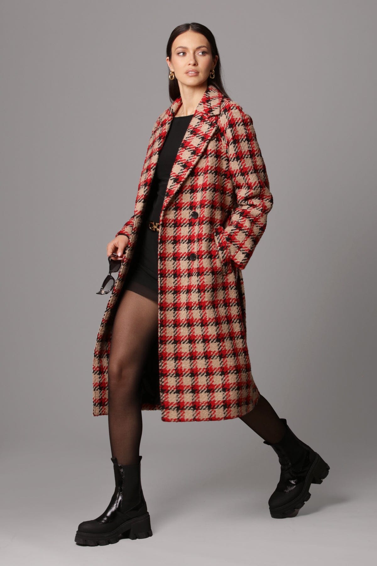 Women s plaid jacquard long belted coat outerwear Avec Les Filles