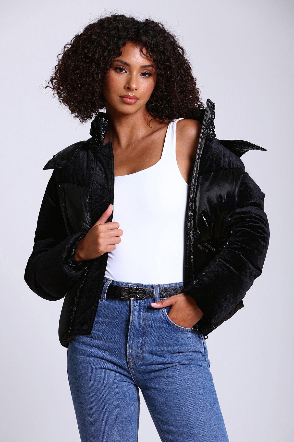 Black mixed media velvet puffer jacket coat - women's figure flattering outerwear for Fall Winter 2023 fashion